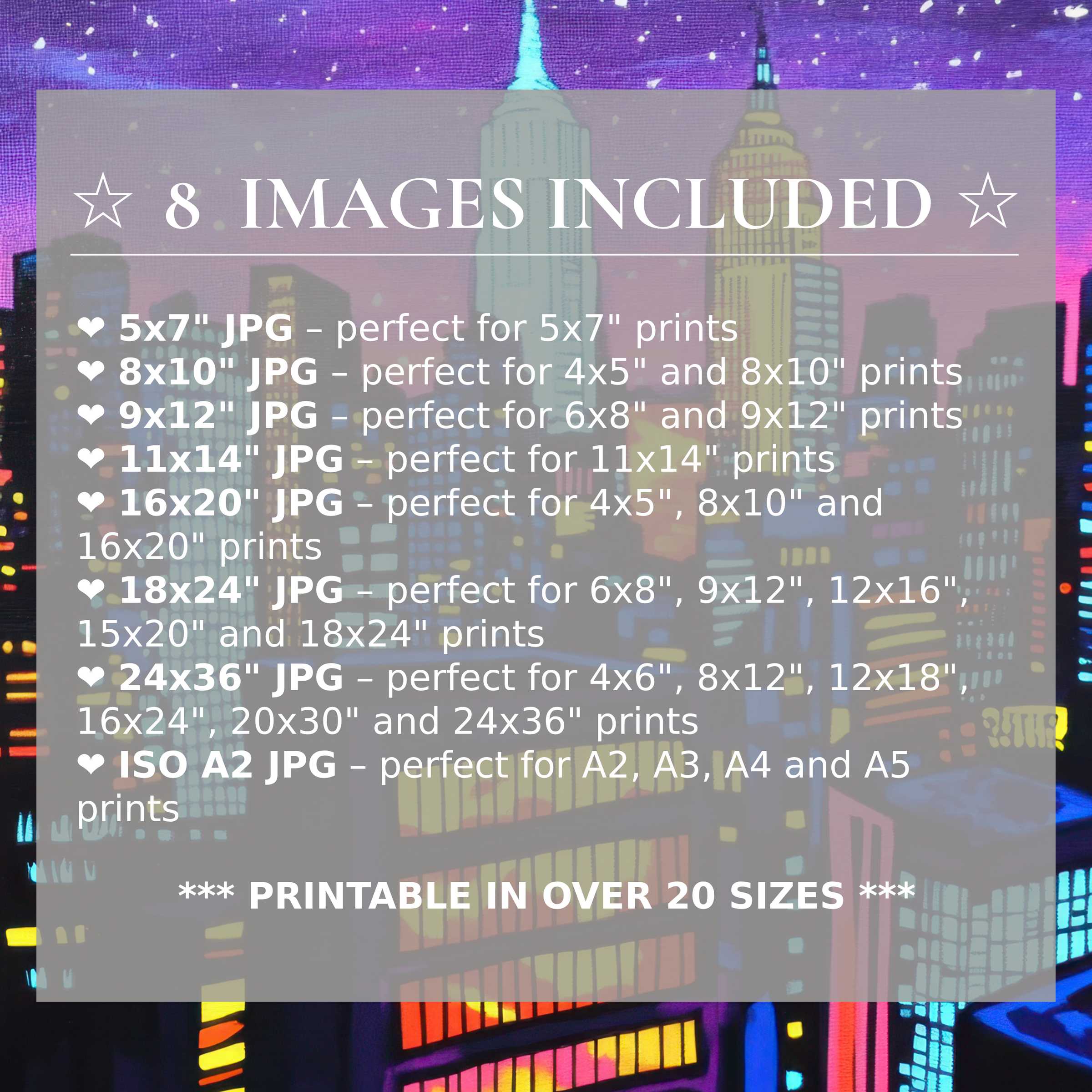 Radiant pop art digital print in vibrant purples, blues, and yellows, included in 8 high-quality sizes to elevate modern interiors with versatile style