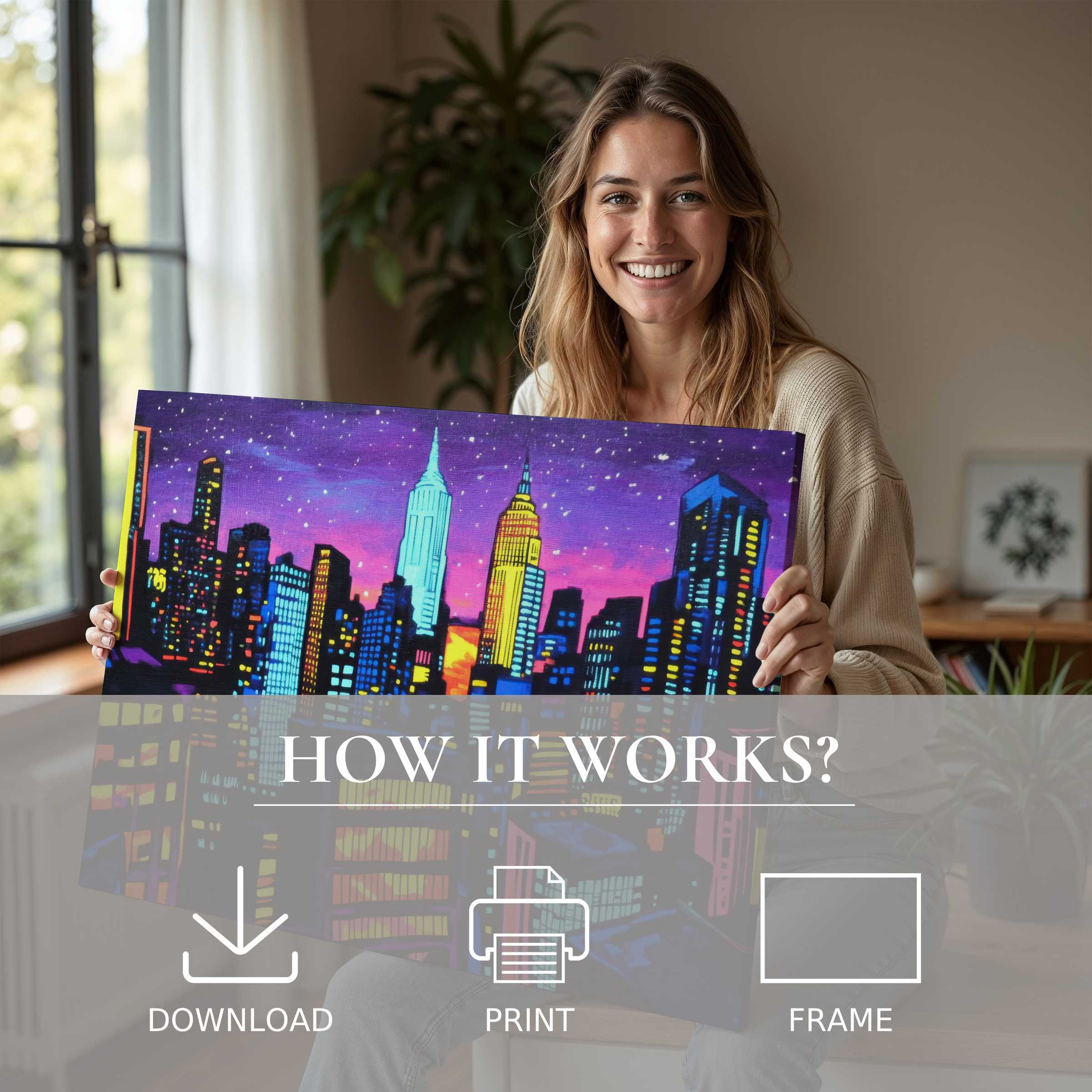 Refined pop art digital art print radiates vibrant cityscape hues, inspiring joyful connection and serene style in elevated modern living