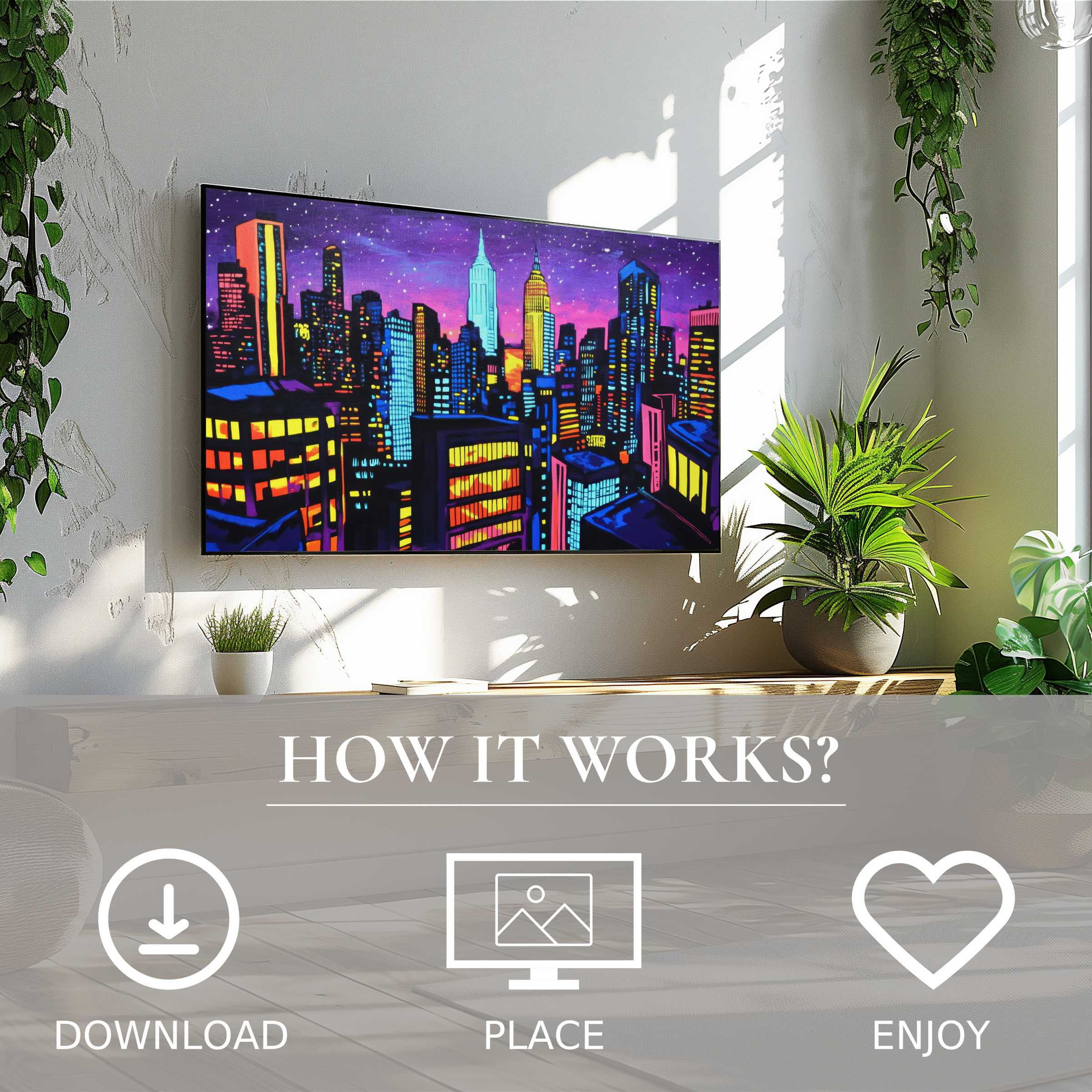 Pop art art for Samsung TV, vibrant cityscape motif, easy digital download, enriches modern living spaces
