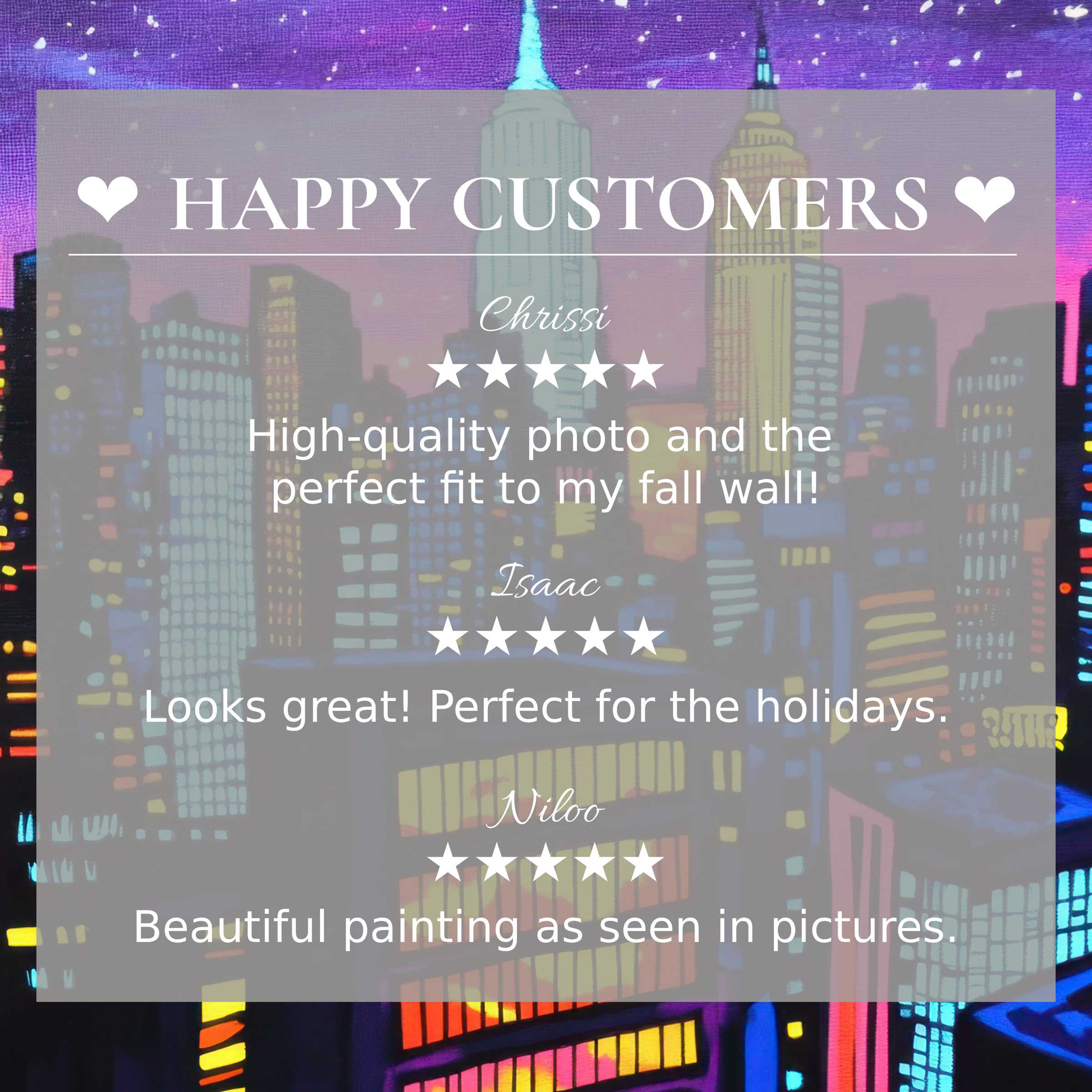 Pop art for Frame TV with abstract sunset cityscape, happy customer reviews enhance trust and refined elegance