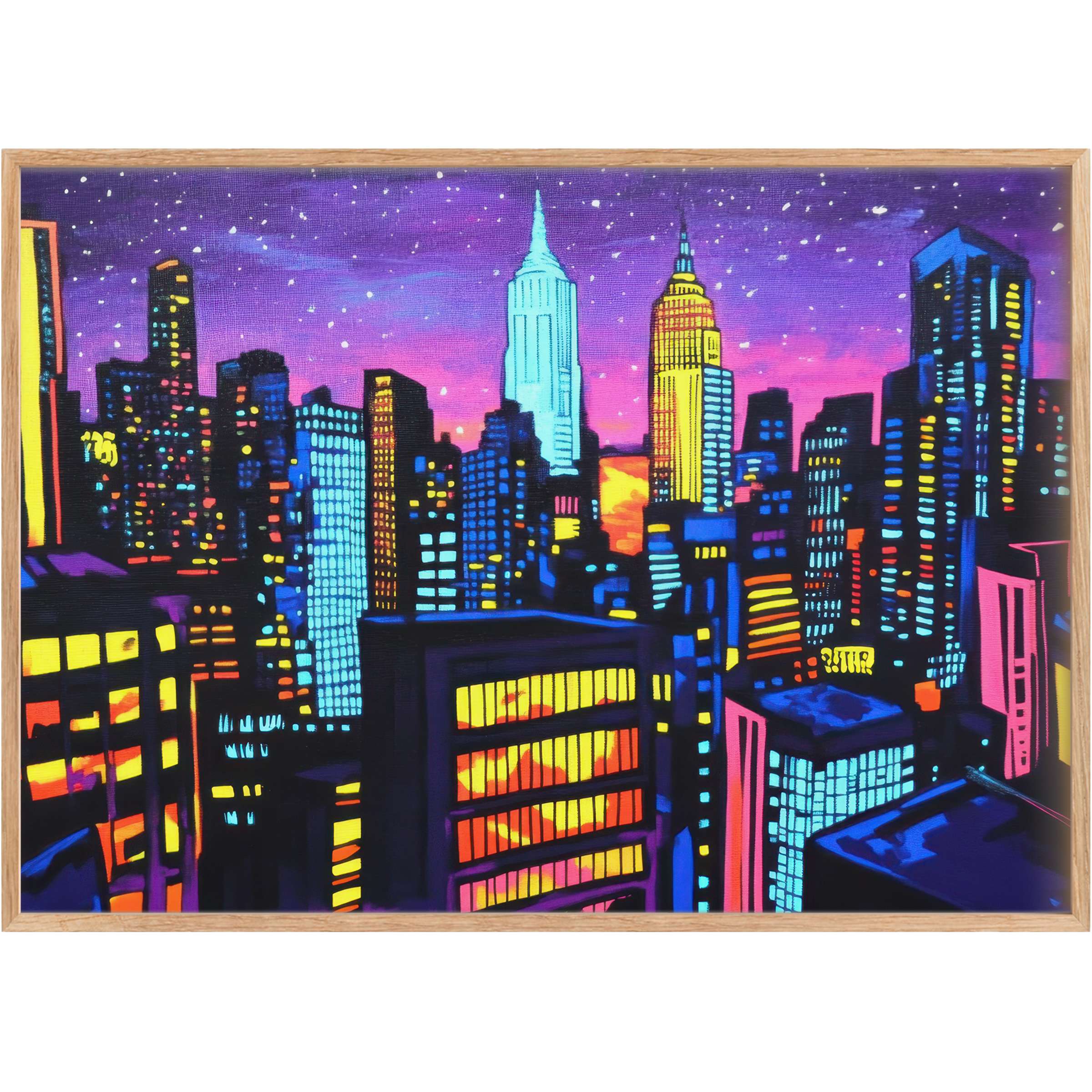 Vivid pop art printable wall art radiates electric blues, glowing yellows, and magentas, elevating urban spaces with bold, dynamic energy