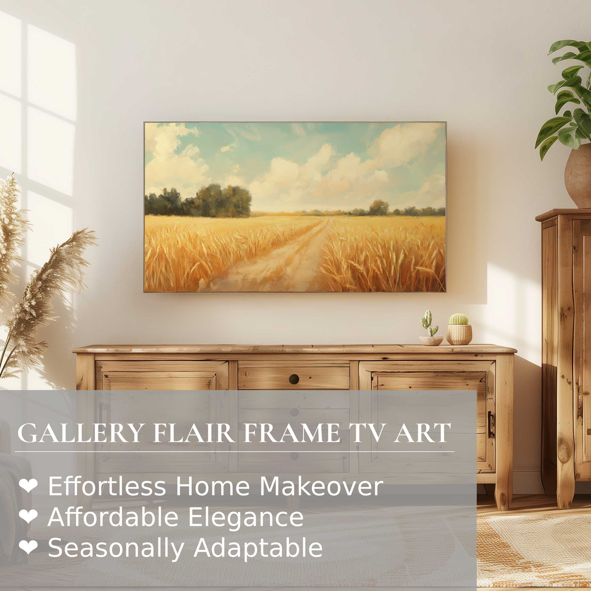 Samsung Frame TV displays summer digital artwork of a golden wheat field in a modern, serene living space