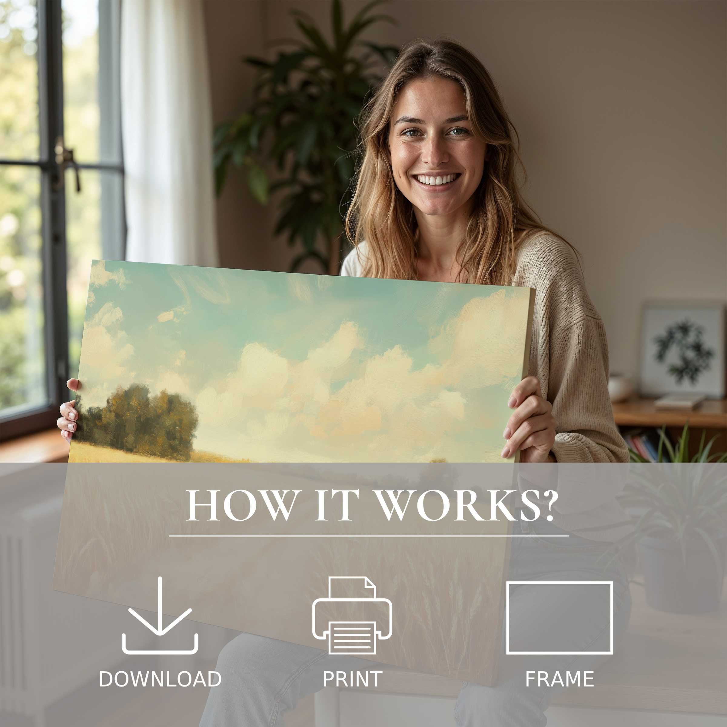 A joyful moment in a sunlit modern home reveals a serene summer digital art print, inviting effortless elegance and warmth