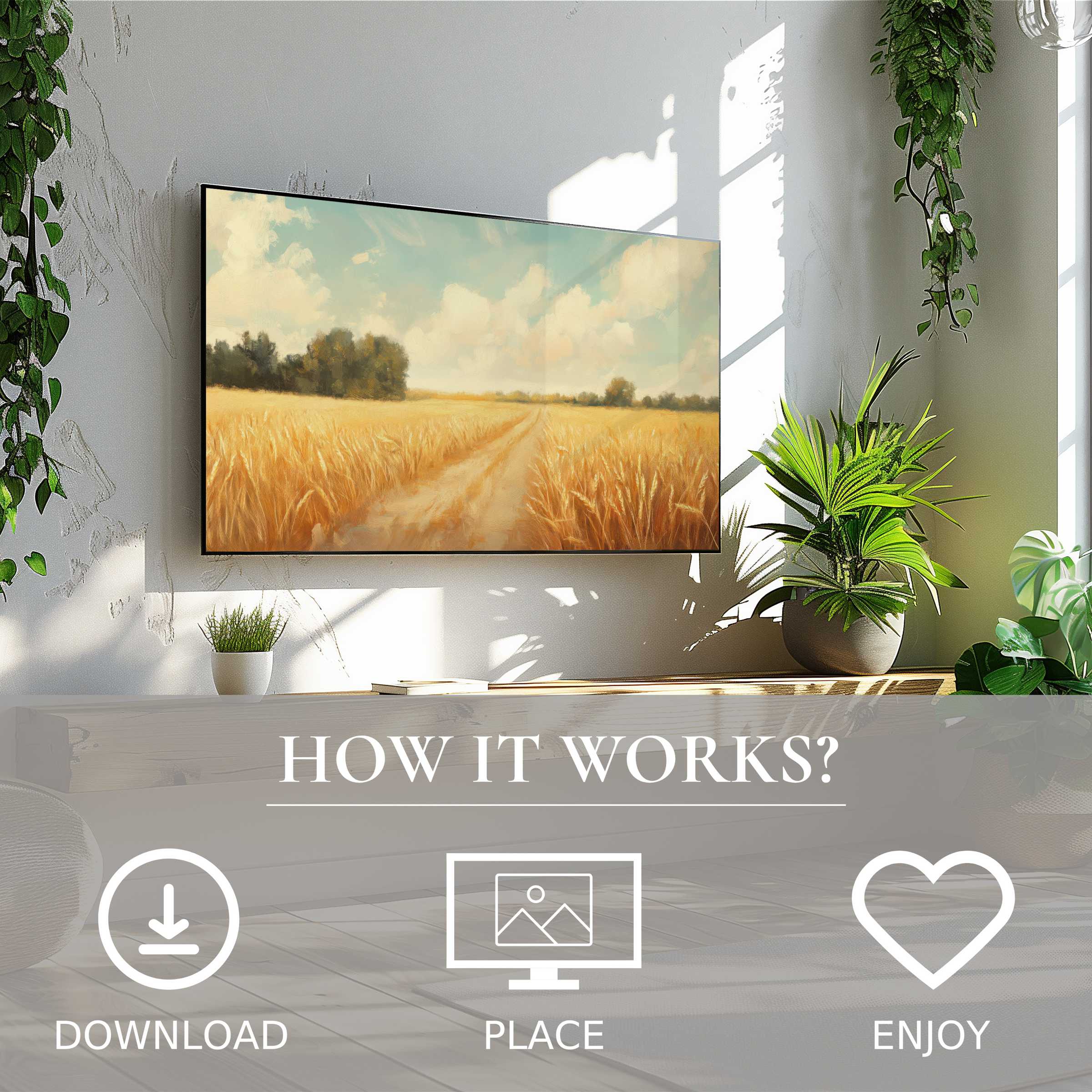 Summer art for Samsung TV: digital download shows a wheat field with soft sunset tones, enhancing any modern living space