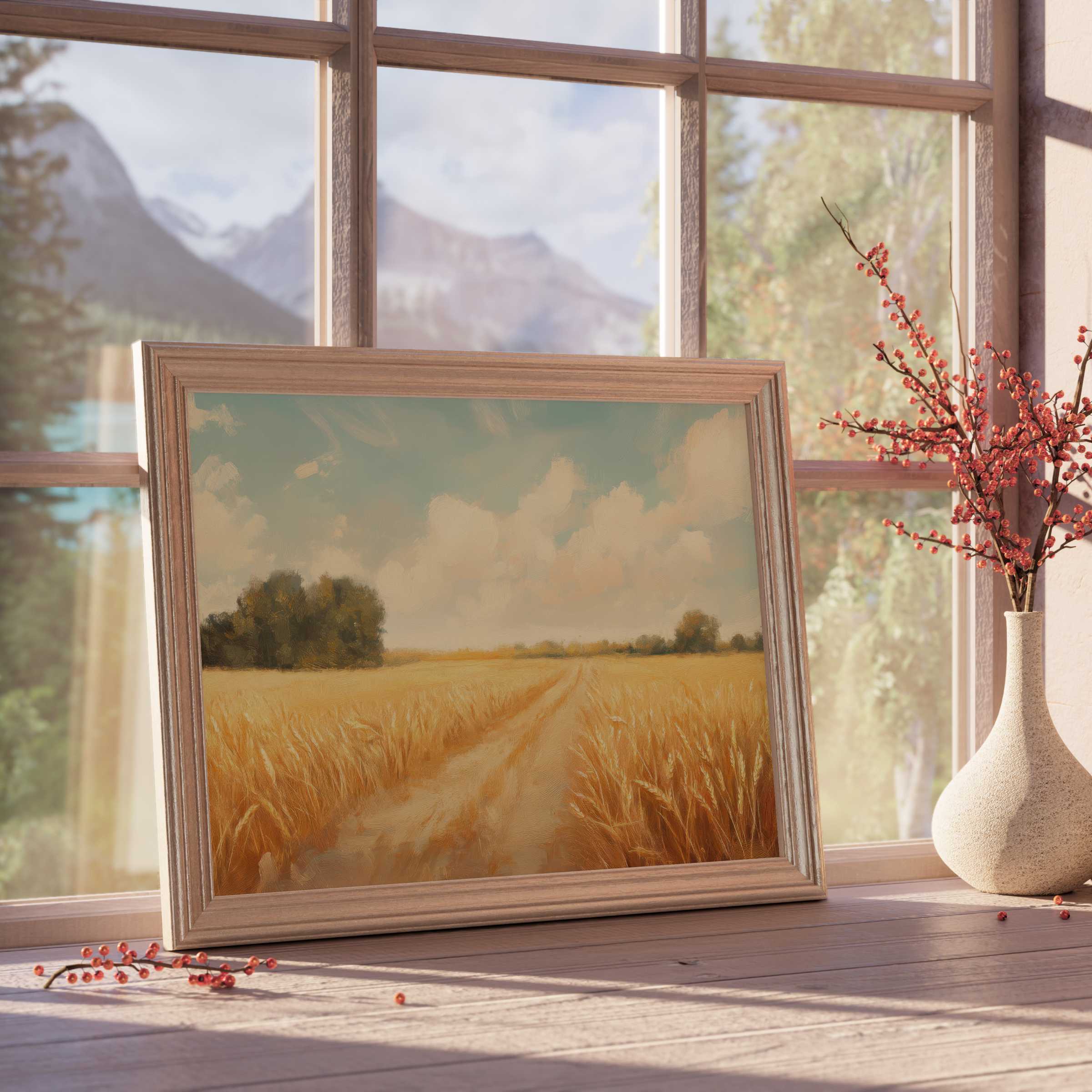 Golden wheat fields under soft summer skies evoke calm warmth in this summer downloadable art, perfect for curated, tranquil interiors