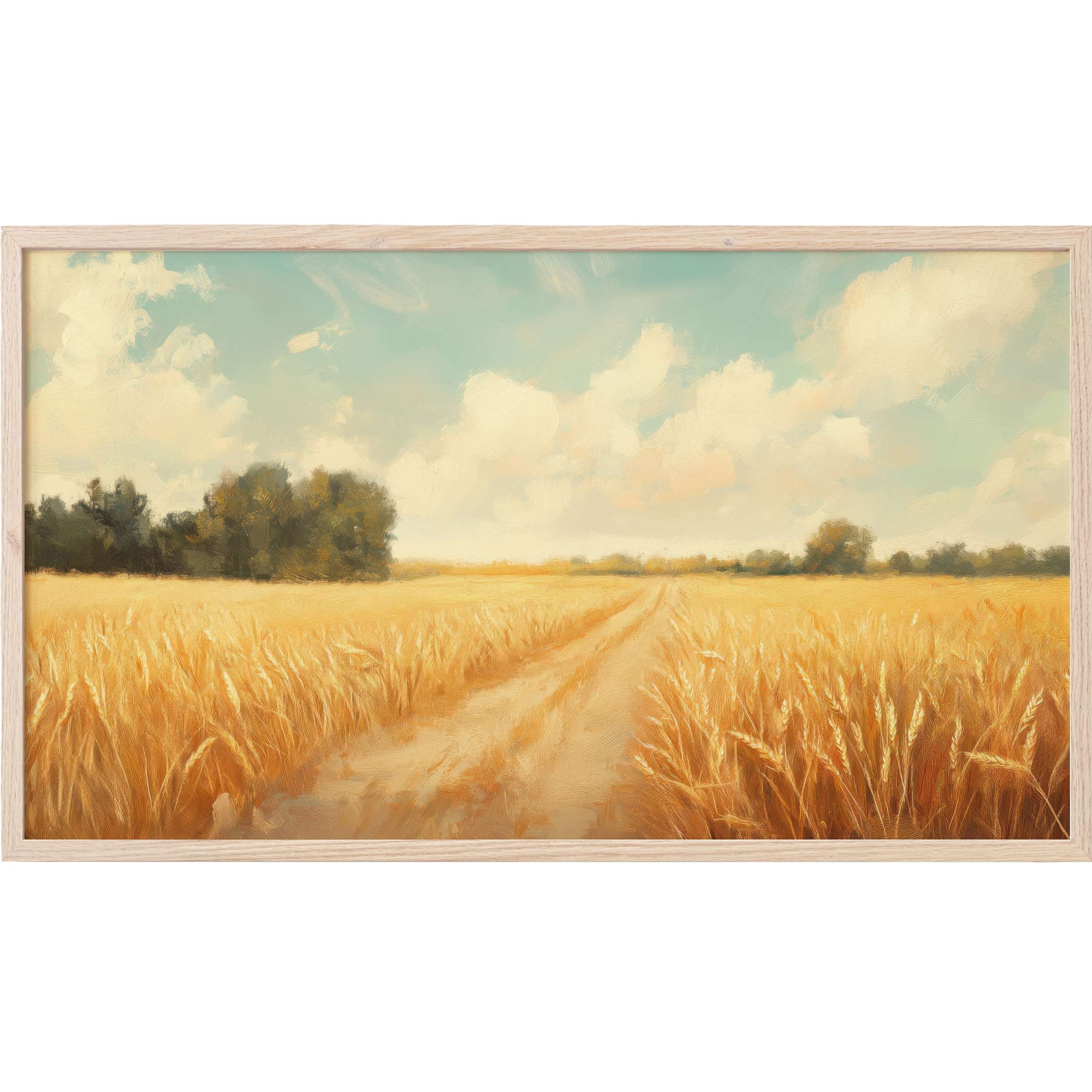 Softly textured golden wheat field under a serene blue sky, perfect summer Frame TV Art for modern decor