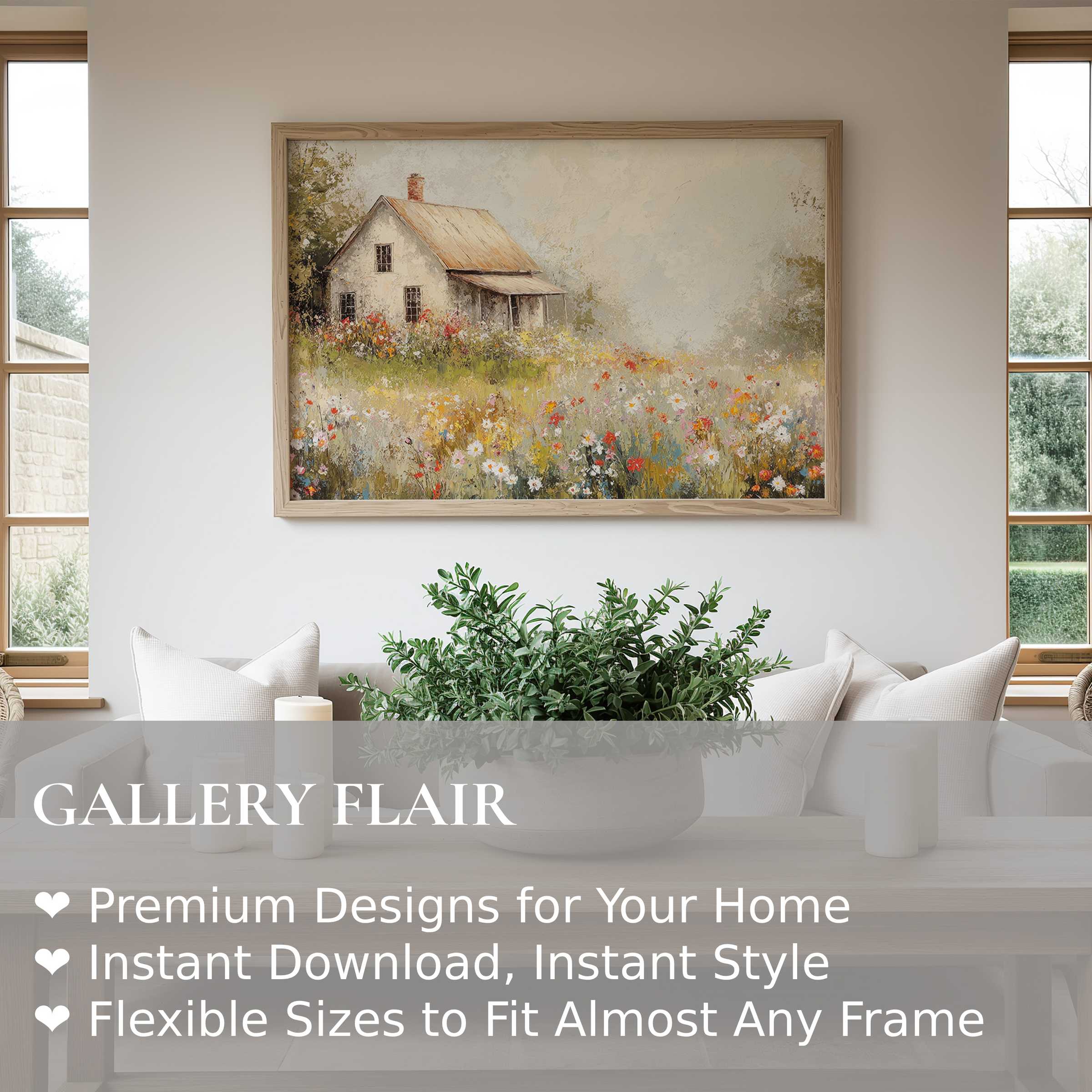 Vintage wall art print depicting a serene countryside cottage surrounded by vibrant wildflowers, enhancing modern rustic interiors with calming, timeless charm