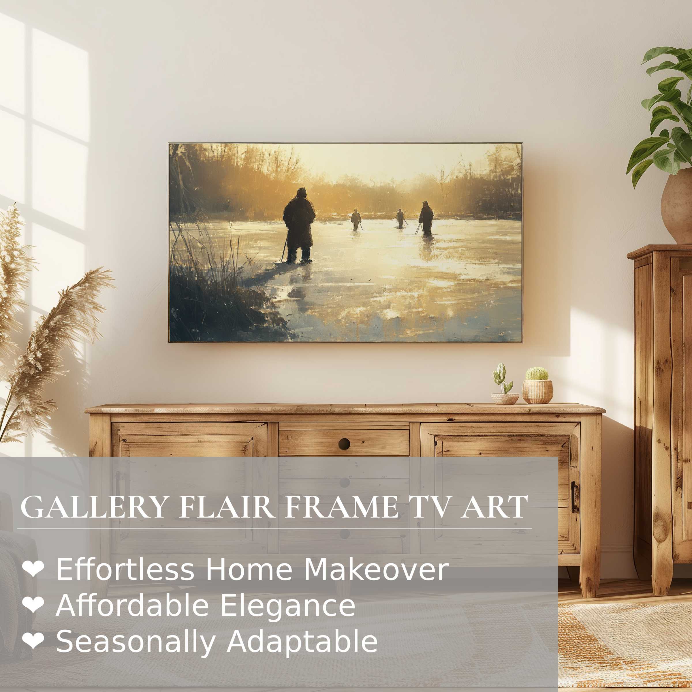 Samsung Frame TV showcasing refined winter digital artwork in warm, modern living room with natural wood décor
