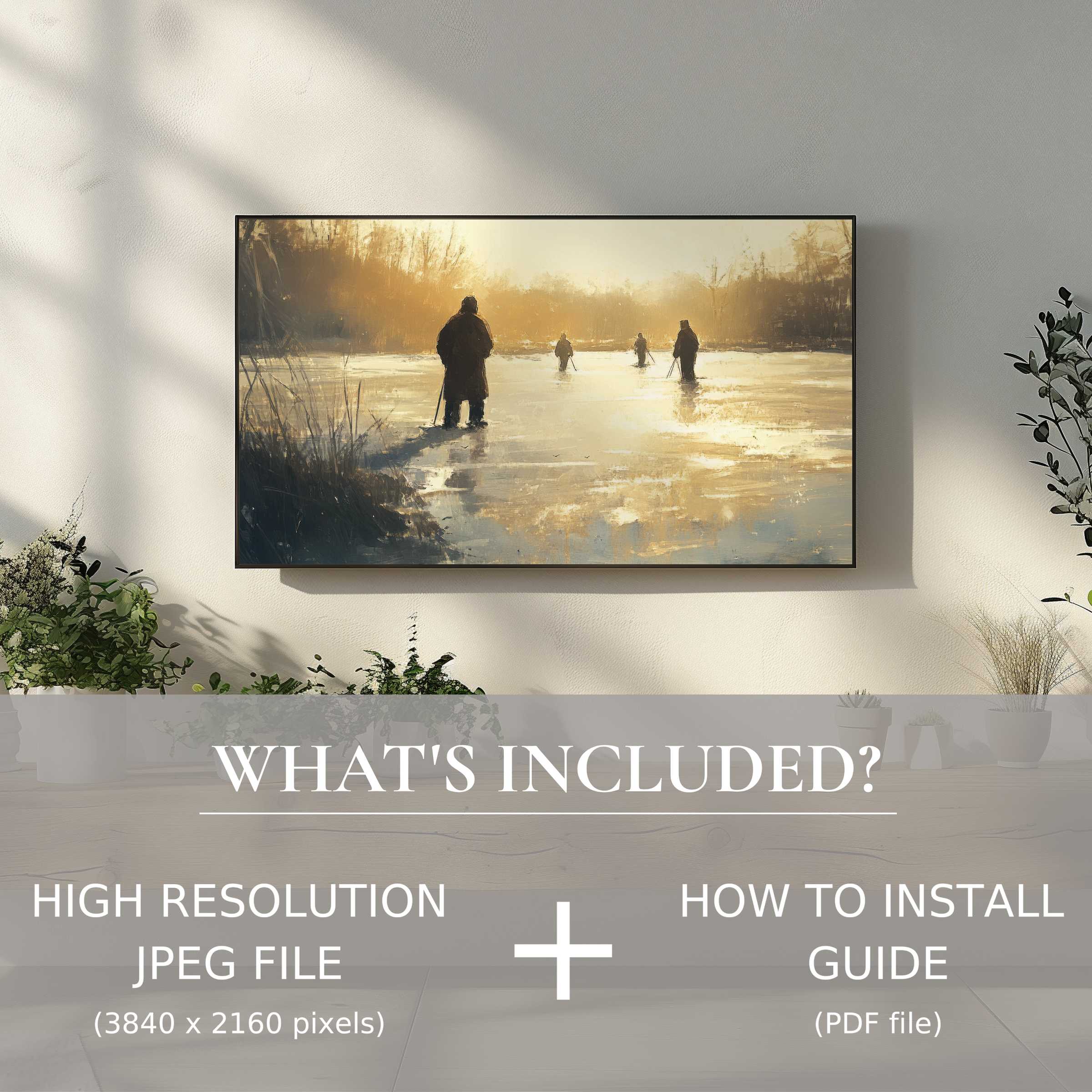 Winter digital TV art download features serene ice fishing scene, effortlessly enhancing living space with elegant digital charm