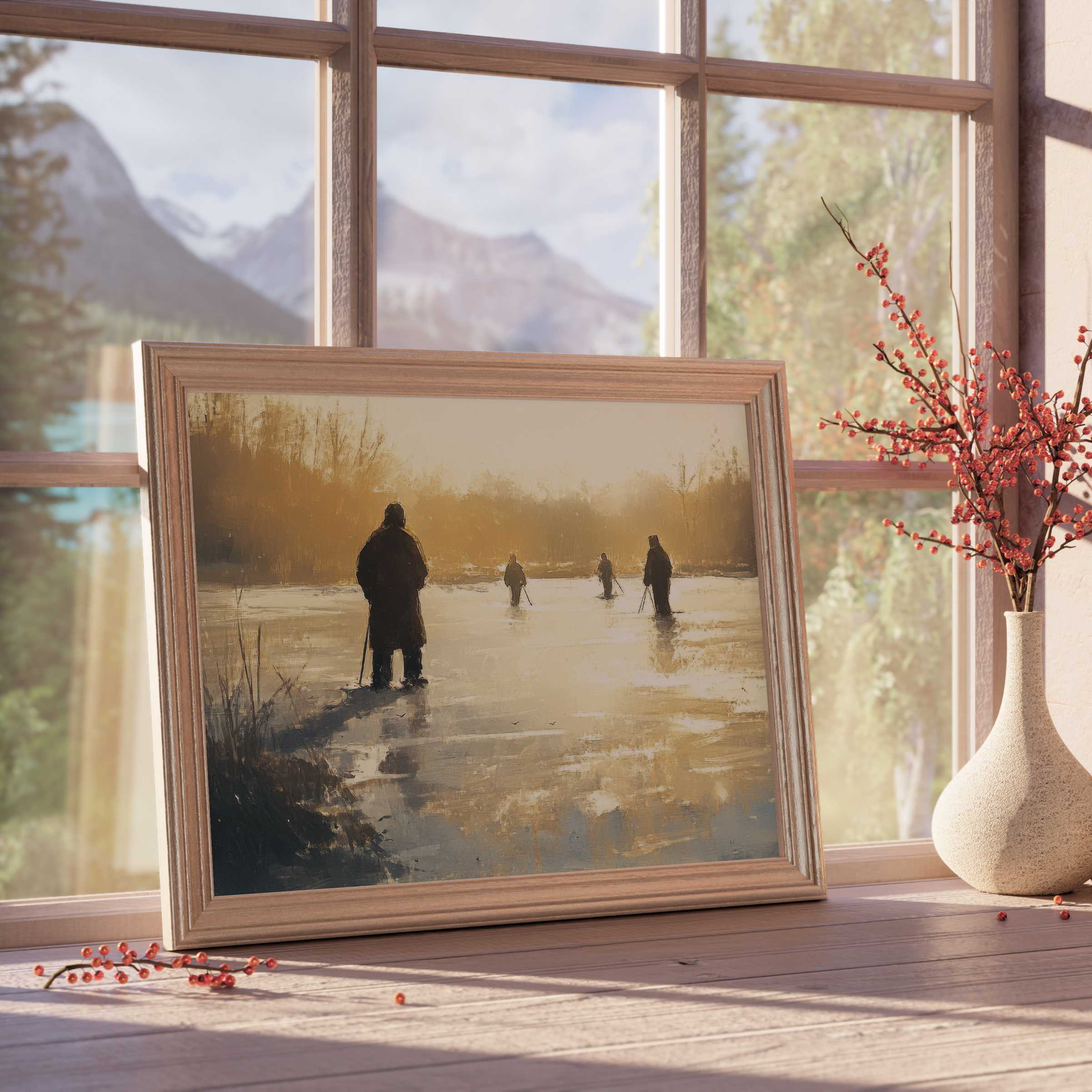 Winter downloadable art capturing a serene frozen lake at golden hour, enriching curated, tranquil, design-forward interiors