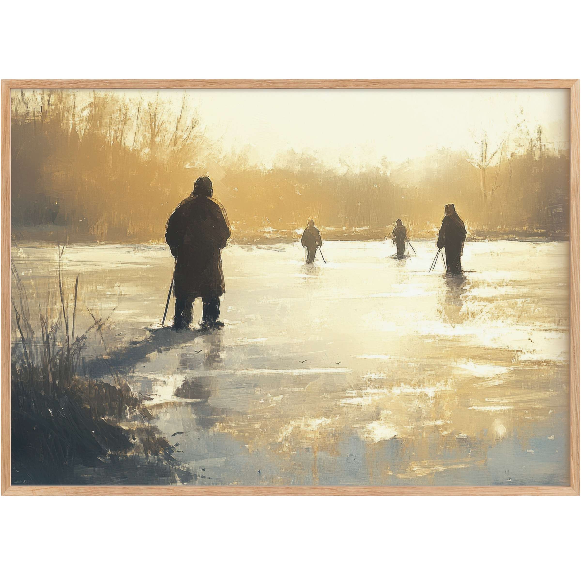 Winter printable wall art capturing tranquil figures on icy lakes, bathed in warm golden light for a serene, reflective ambiance