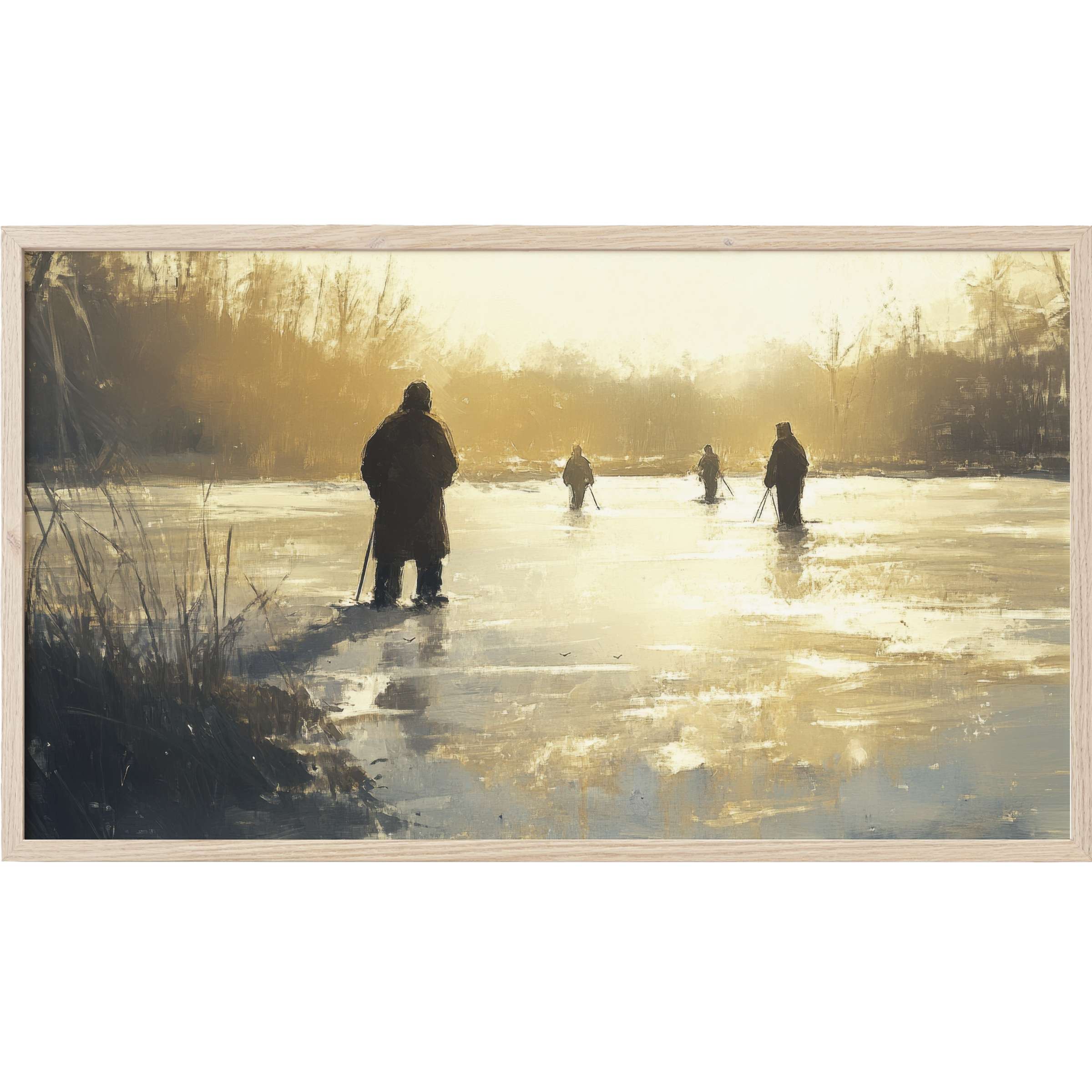 Winter Frame TV Art depicting figures walking on icy water at golden dusk, with soft brushstrokes and muted earth tones