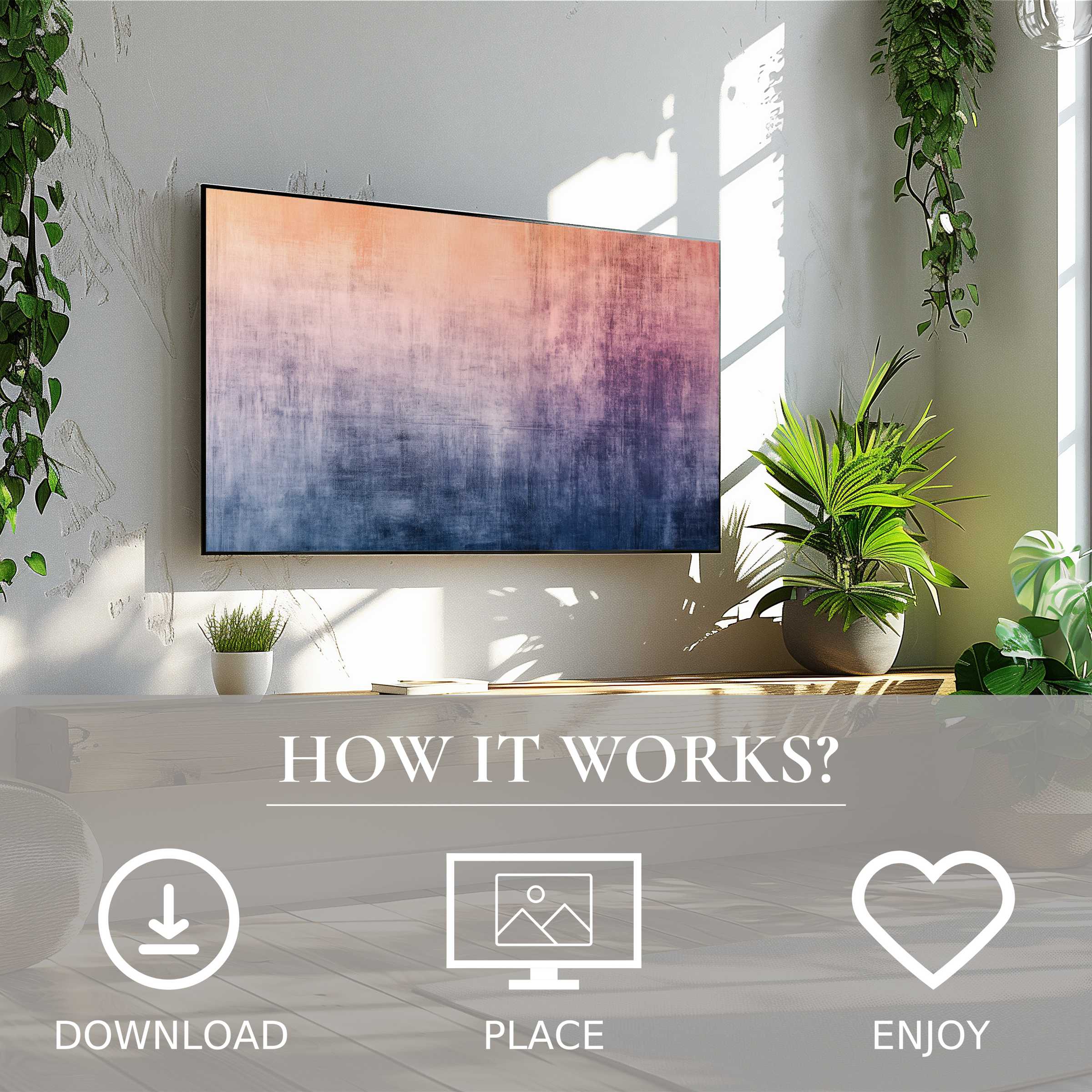 Modern art for Samsung TV: soft sunset tones on The Frame, easy digital download to elevate your living space