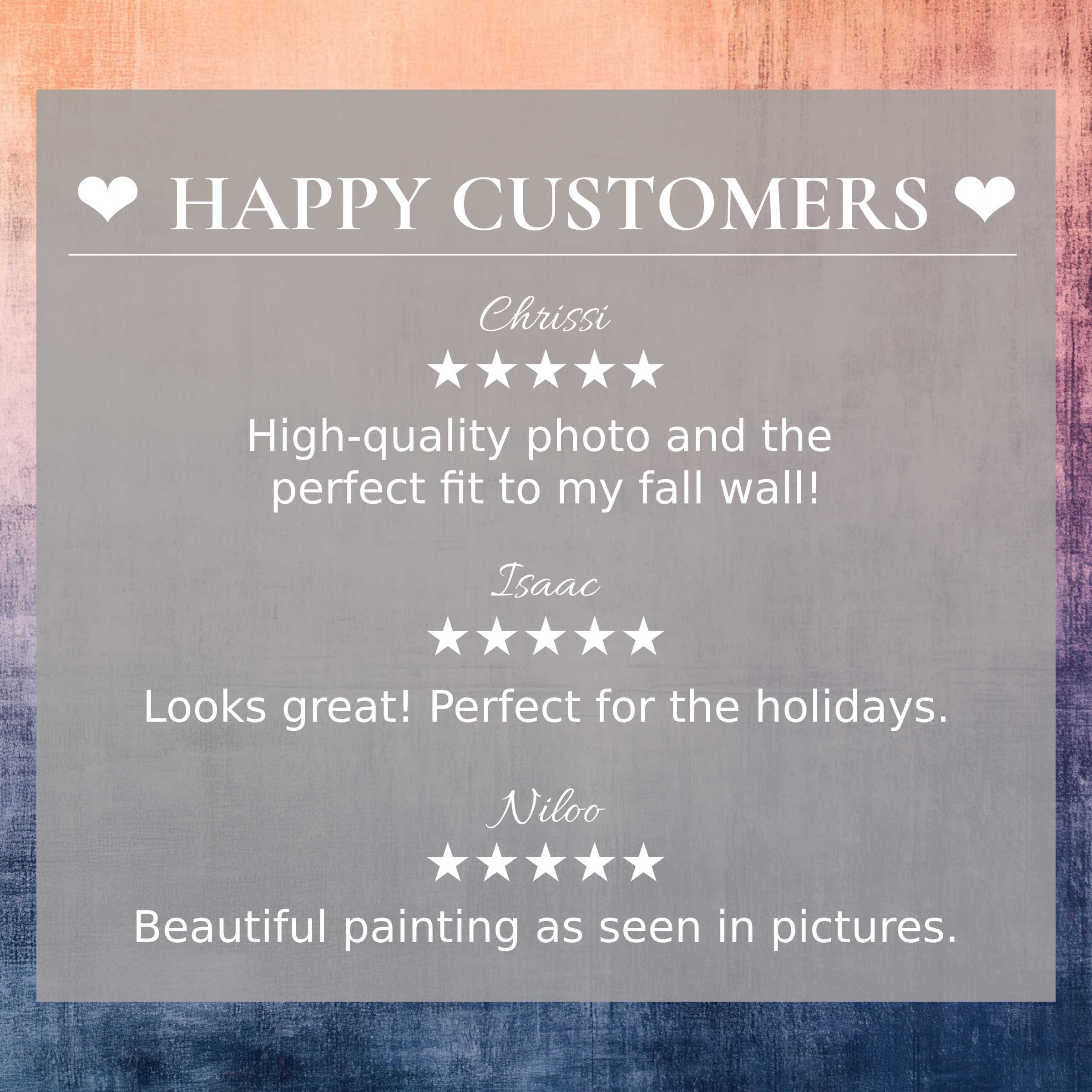 Modern art for Frame TV with abstract sunset hues, showcasing happy customer praise and refined, trustworthy design