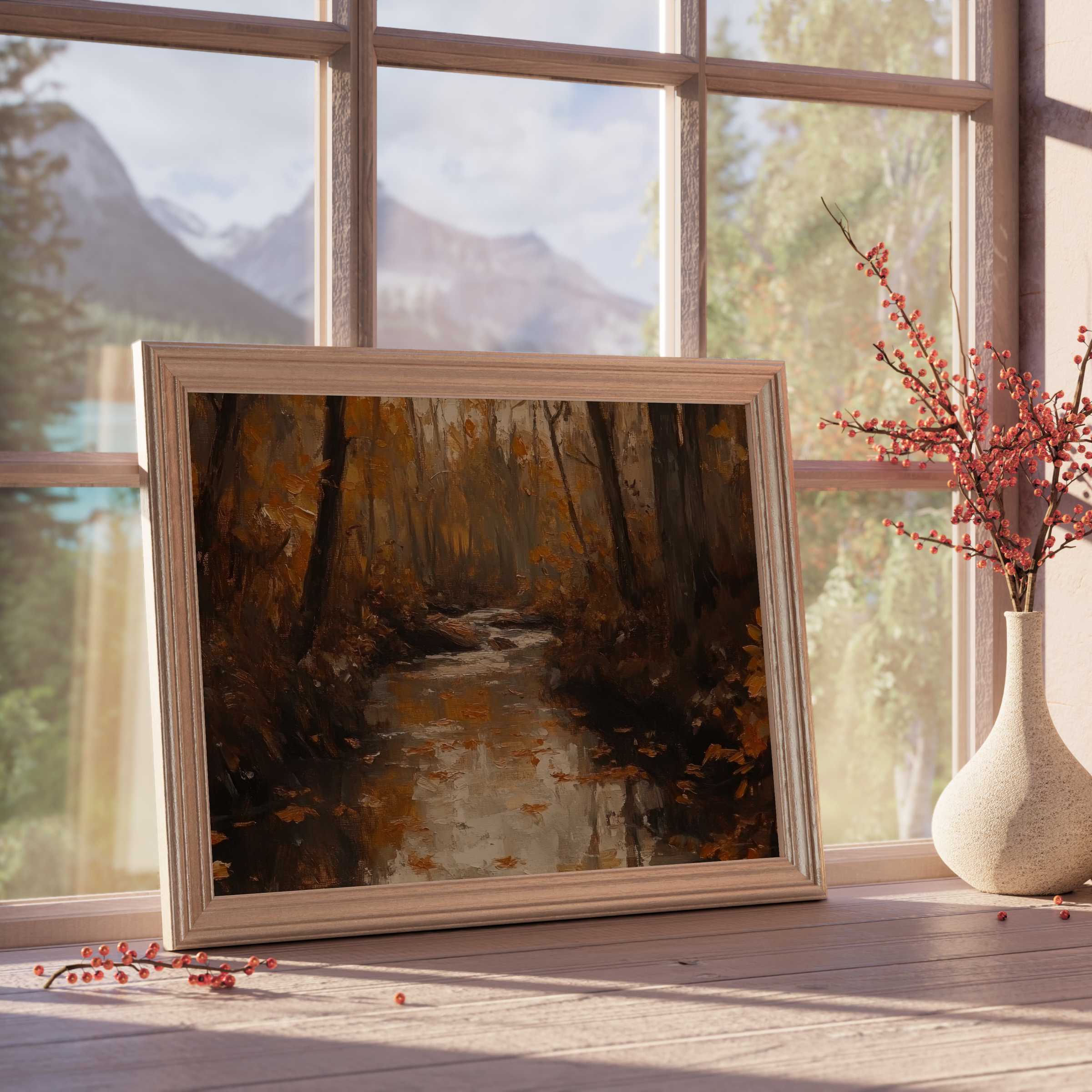 Fall downloadable art capturing a serene woodland creek in warm amber tones, enhancing curated, tranquil interiors
