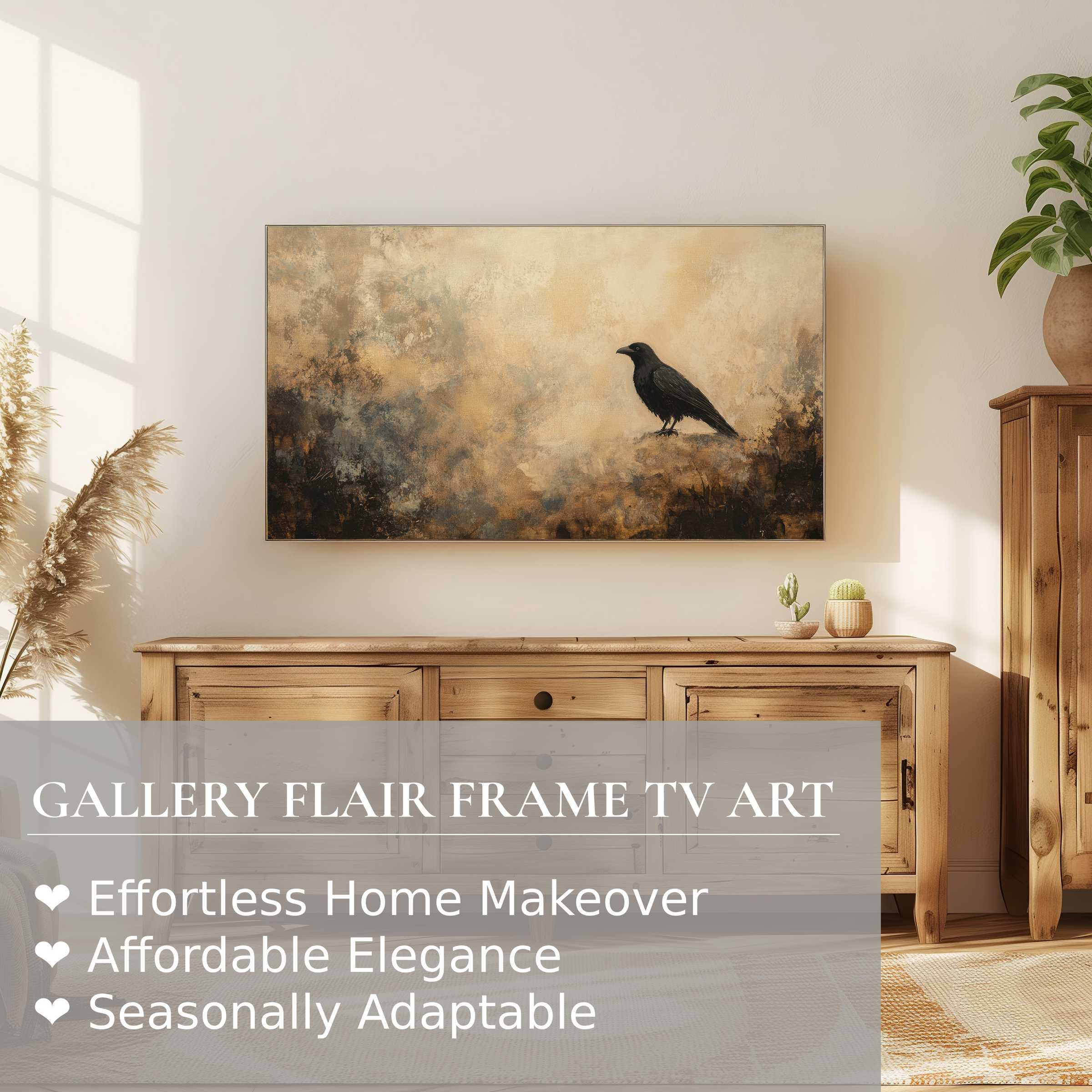 Samsung Frame TV displaying refined halloween digital artwork with a minimalist raven in warm earthy tones