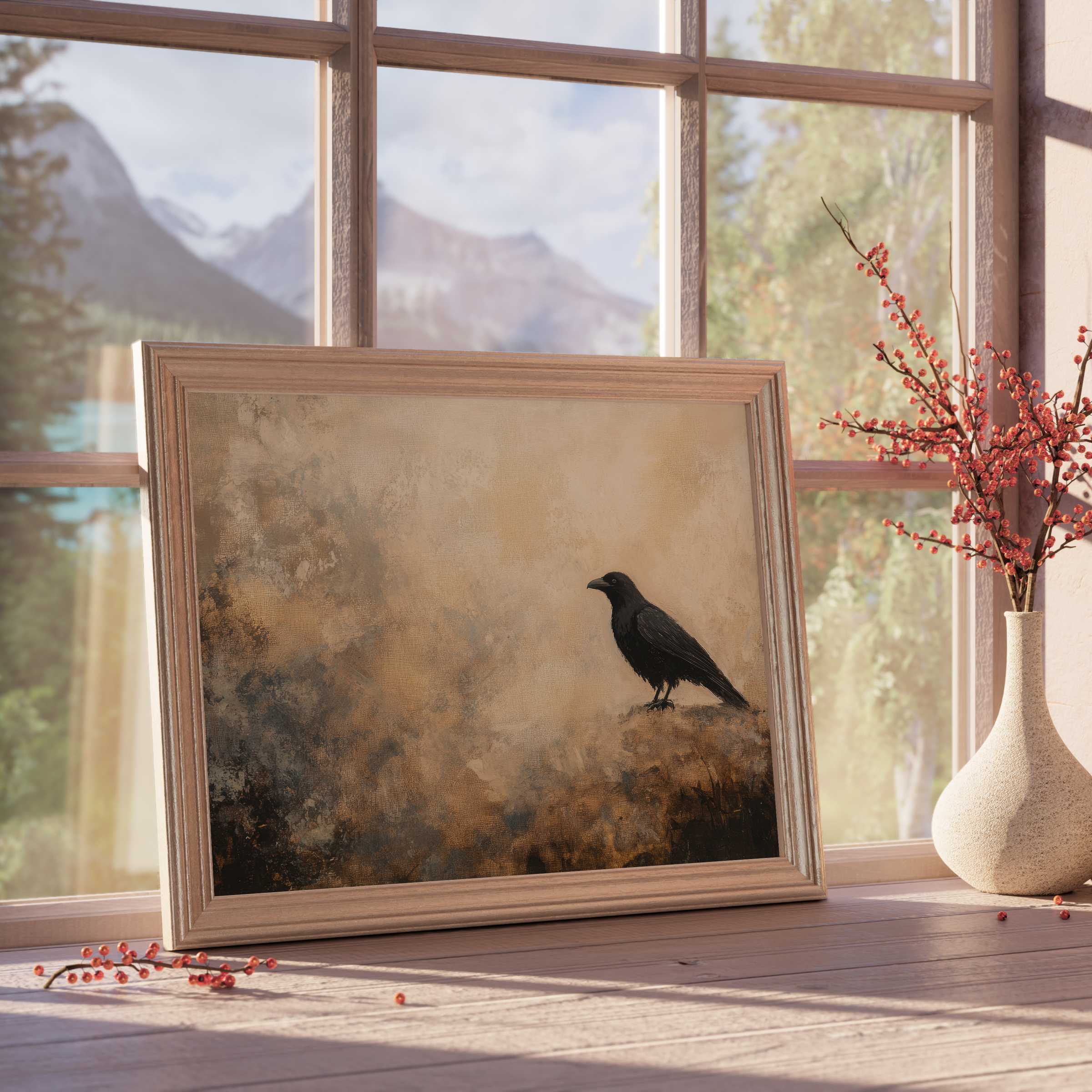 Elegant Halloween downloadable art featuring a lone black crow in muted earth tones, perfect for curated, tranquil interiors