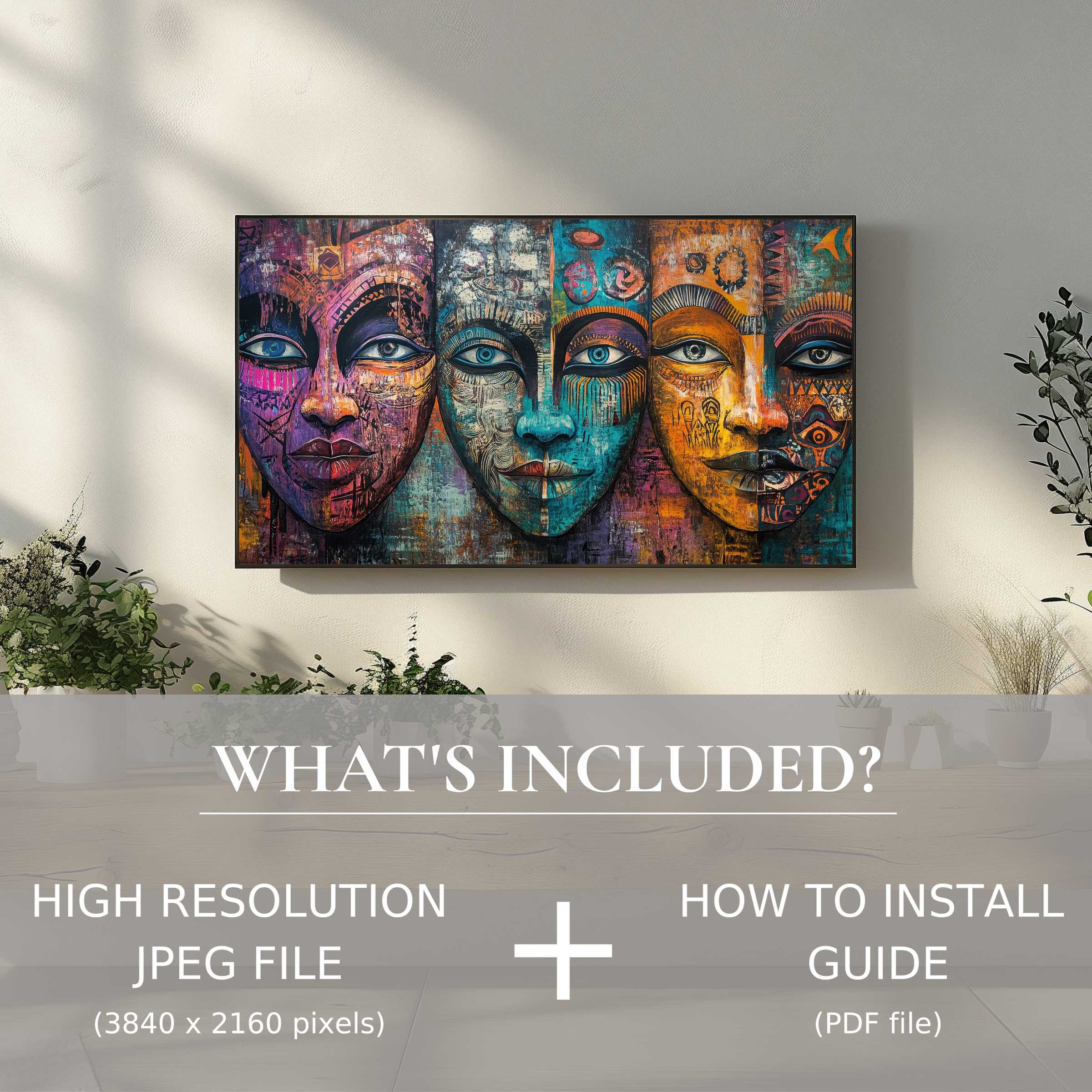 Stylish boho digital TV art download elevates your living room with vibrant faces, easy digital use, and modern charm