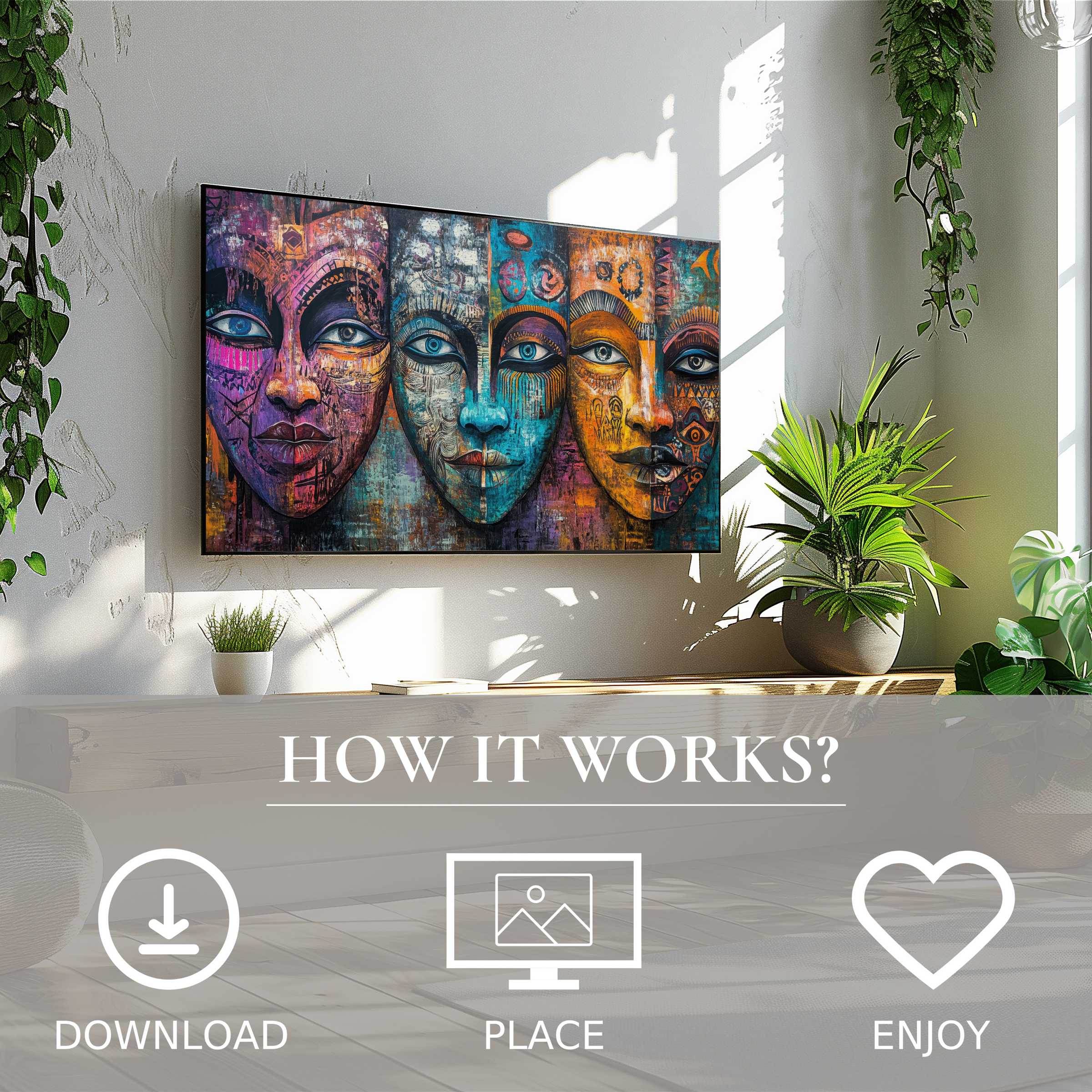 Boho art for Samsung TV: vibrant faces in rich hues, easy digital download, adds bold, cultural style to modern spaces