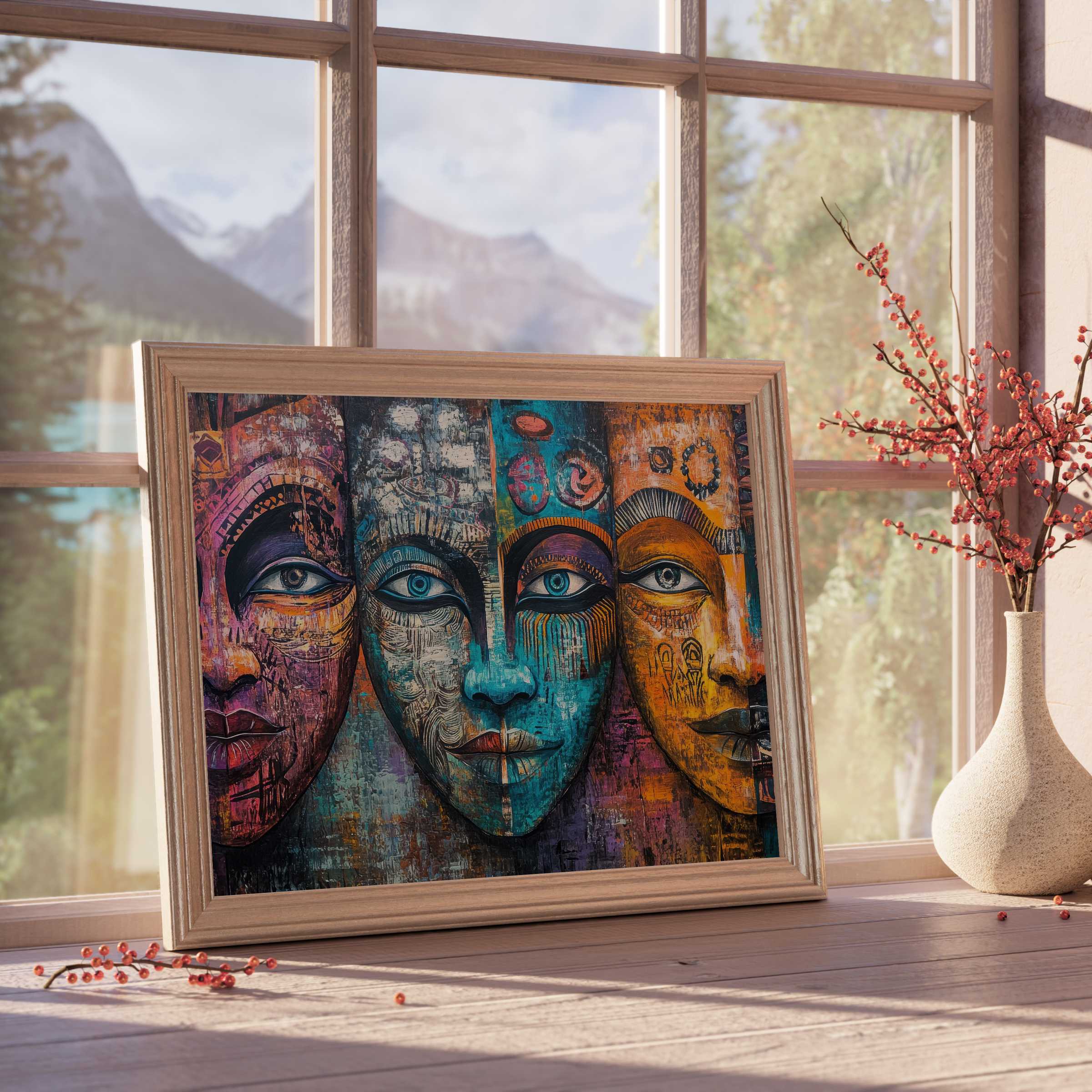 Boho downloadable art featuring vibrant tribal faces in earth tones, elevating curated, tranquil living spaces with soulful, design-forward allure