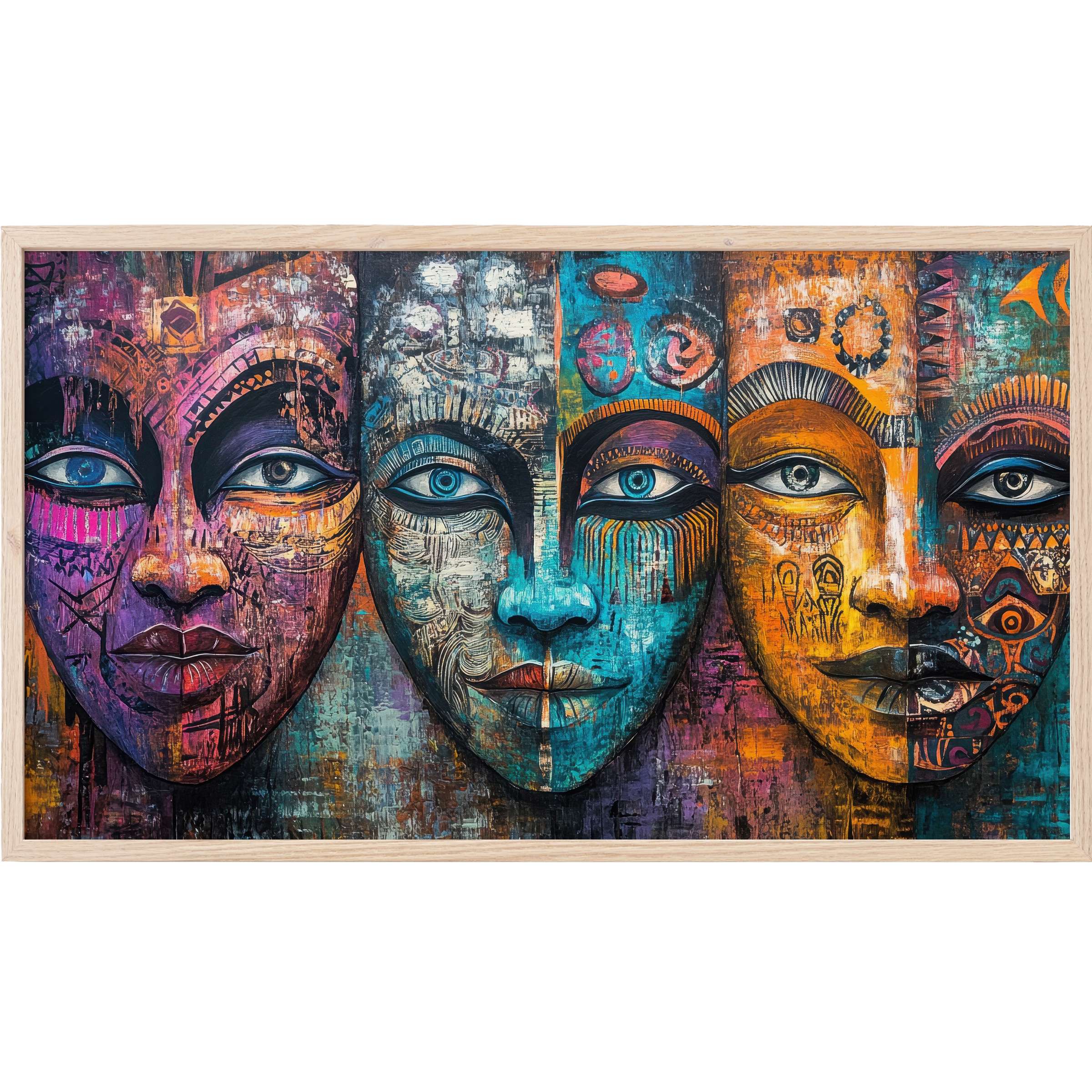 Boho Frame TV Art featuring four stylized faces in rich purples, blues, and golds with textured, modern tribal details