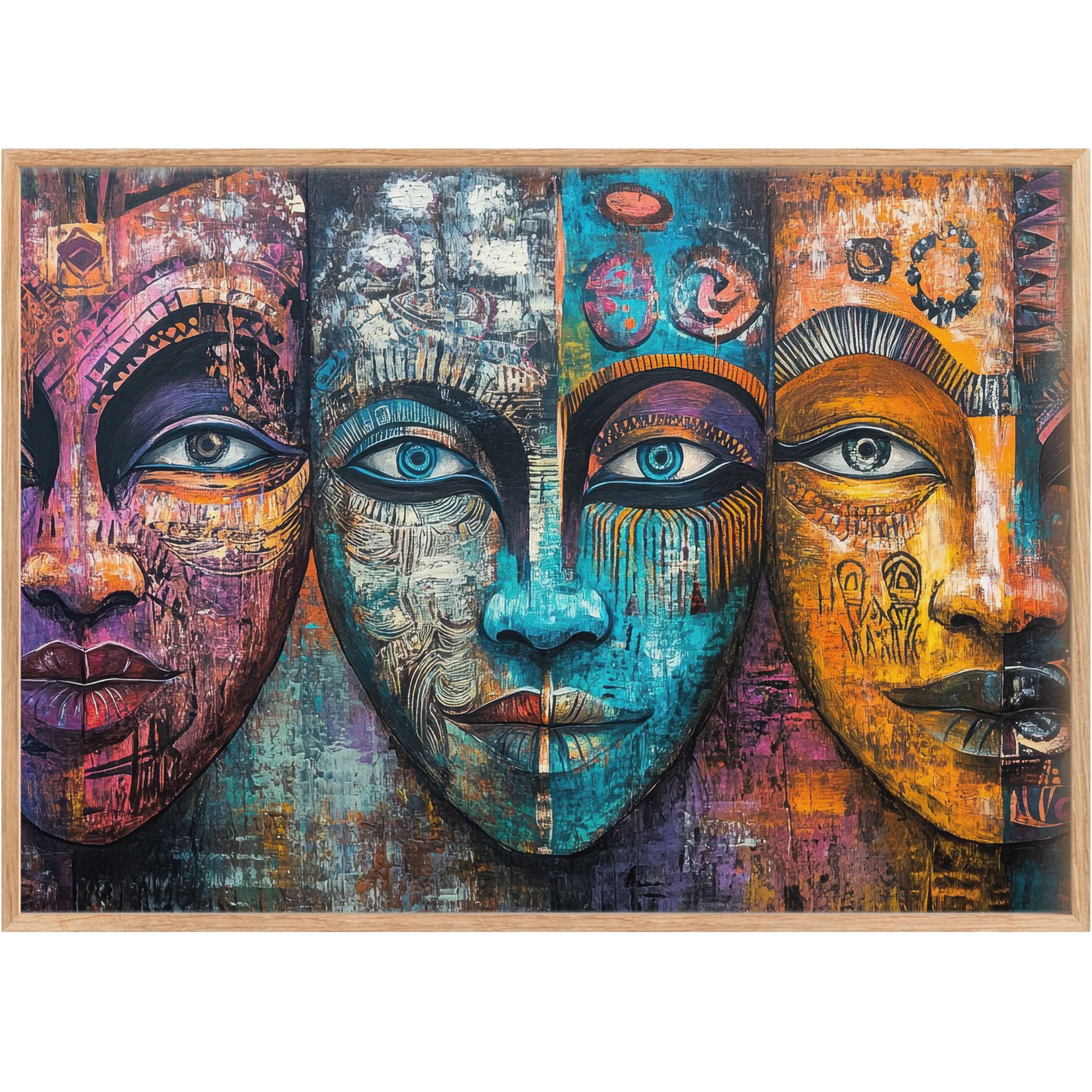 Vivid boho printable wall art featuring bold, expressive faces in rich blues, oranges, and purples, evoking a radiant, soulful ambiance