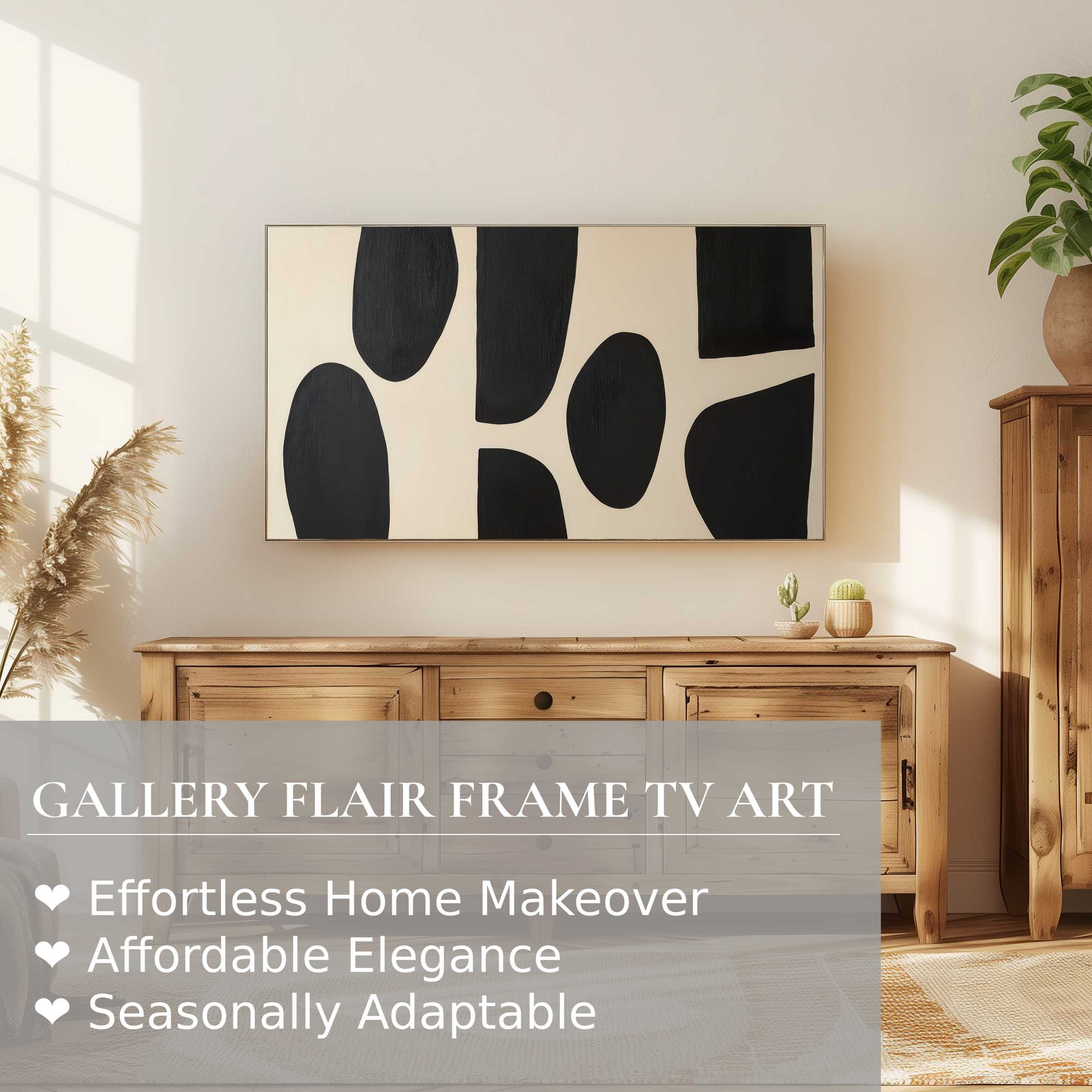 Modern living space with Samsung Frame TV displaying elegant black and white abstract digital artwork, blending with warm wood decor