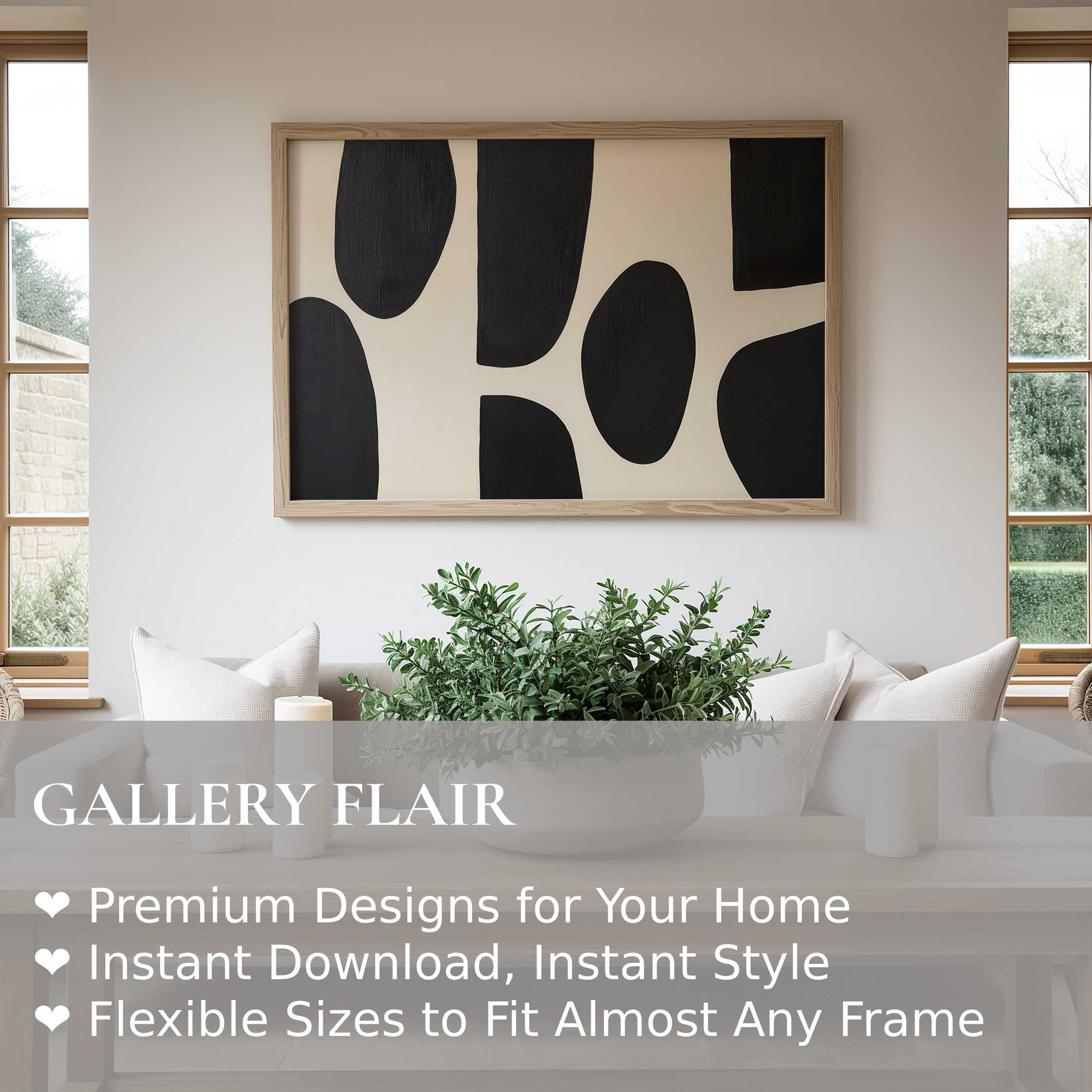 Abstract wall art print featuring bold black shapes on a soft neutral canvas, enhancing the airy minimalist living room with modern elegance and calm
