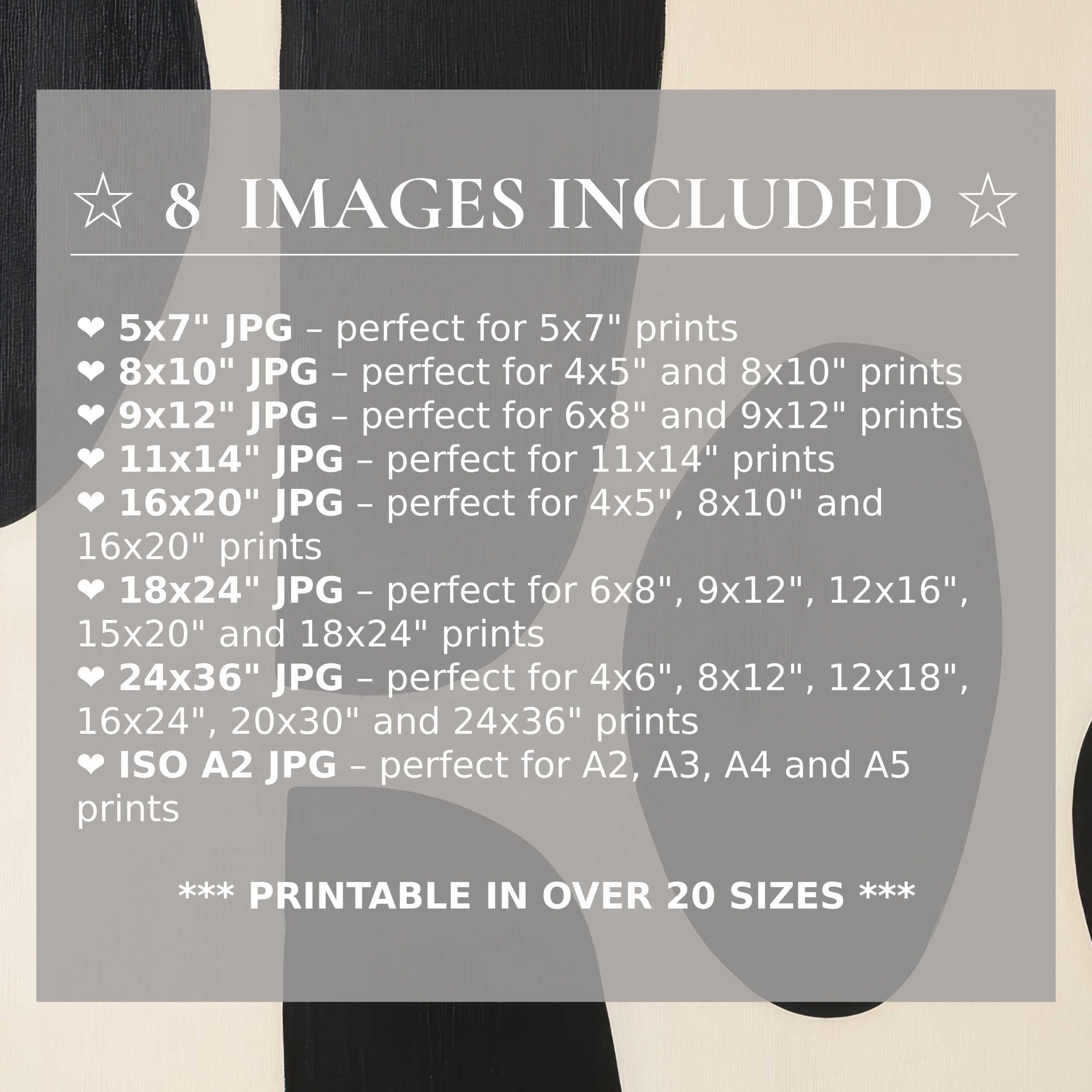 Abstract digital print radiates modern elegance with bold black and soft beige tones, included in 8 high-quality sizes for versatile luxury decor