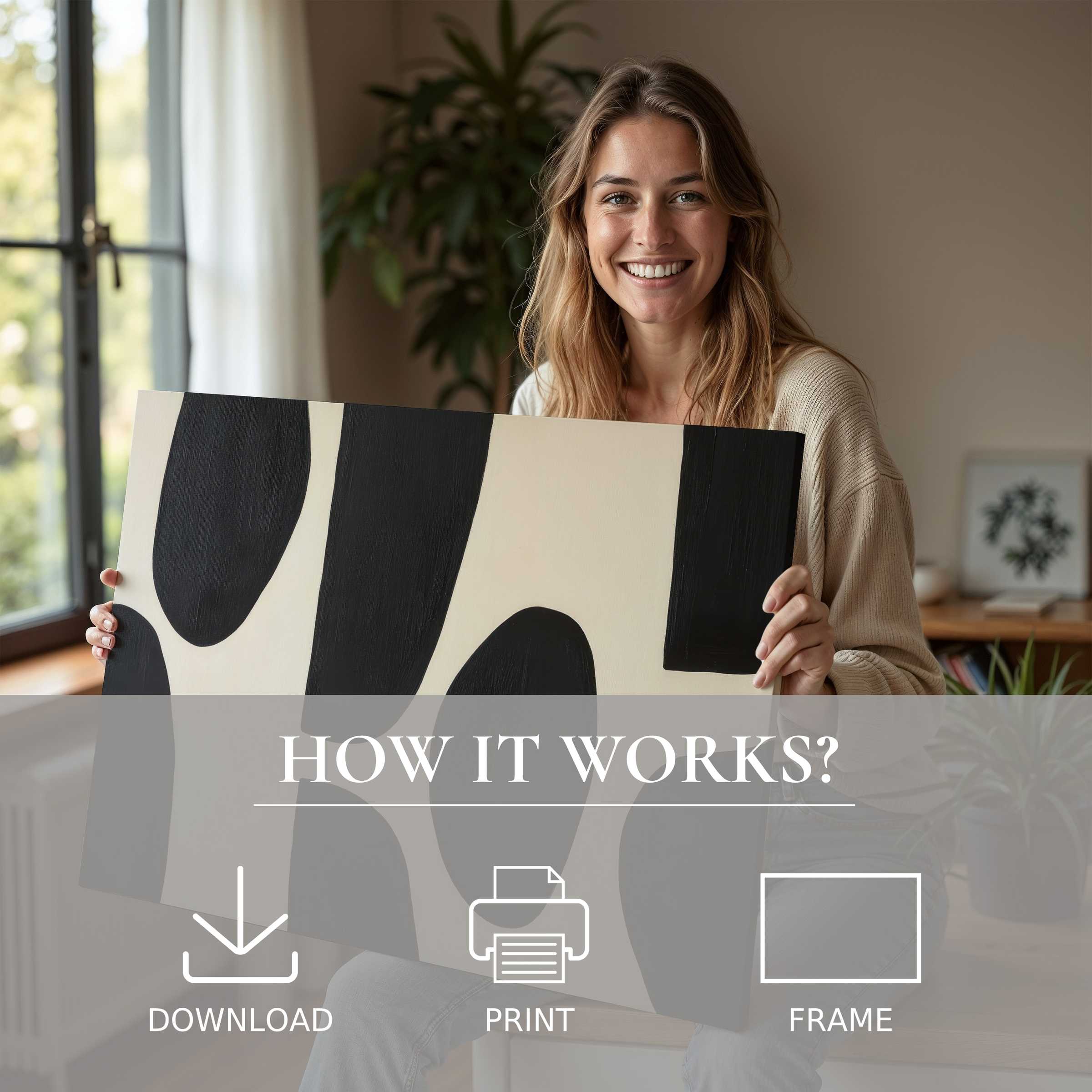 Woman in a modern home smiles warmly, embracing the effortless joy of an abstract digital art print transforming her space