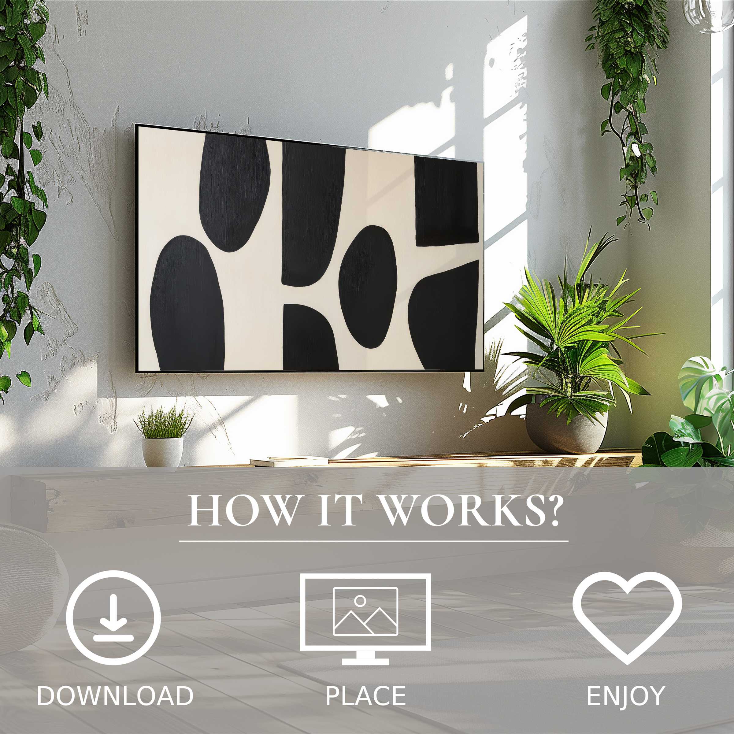 Abstract art for Samsung TV with bold black shapes on beige, easy digital download enriches modern living spaces