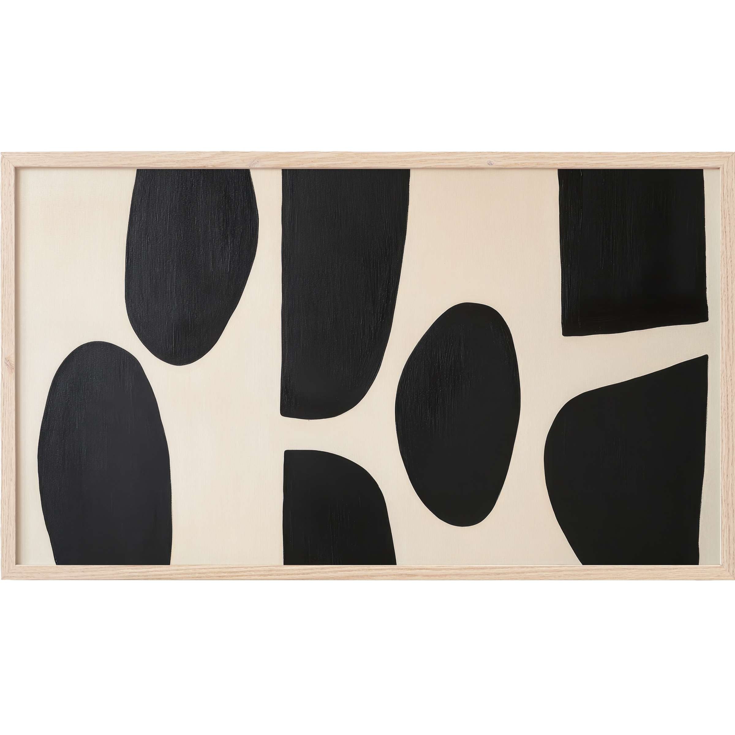 Minimalist black shapes on cream background in natural wood frame, a refined abstract Frame TV Art for modern interiors