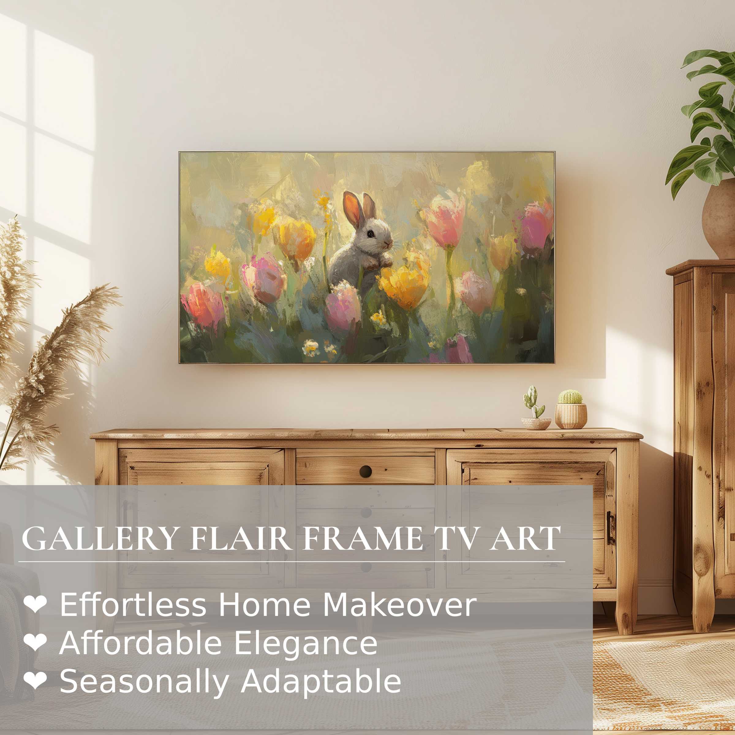 Samsung Frame TV displays elegant easter digital artwork with a soft, impressionistic rabbit and floral setting