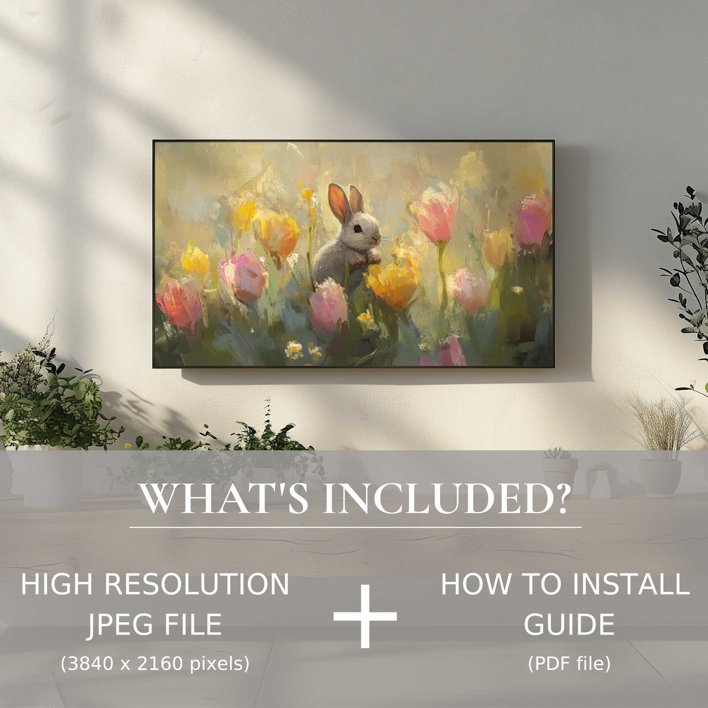 Elegant living room showcasing easter digital TV art download with easy use enhancing modern decor