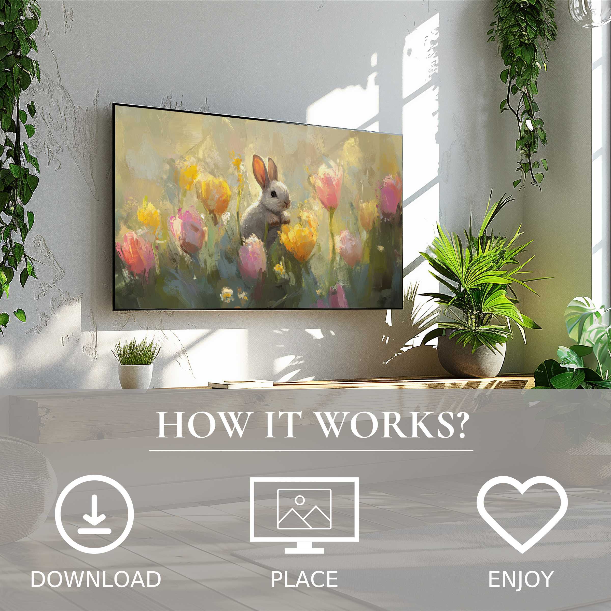 Easter art for Samsung TV: digital download with soft floral tones and a bunny enriches your modern living space