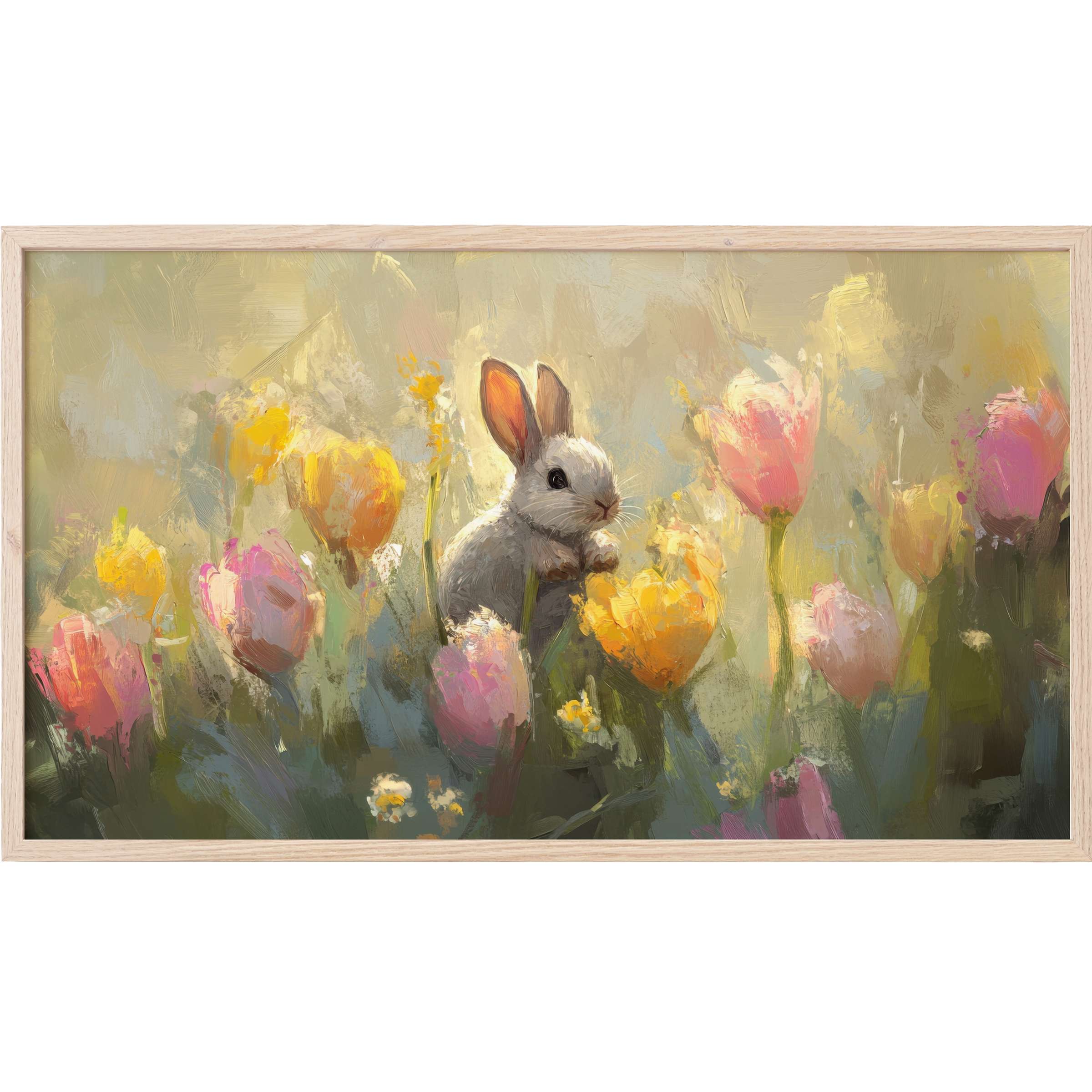 Delicate easter Frame TV Art with a soft gray bunny amid impressionist pink and yellow tulips in warm hues