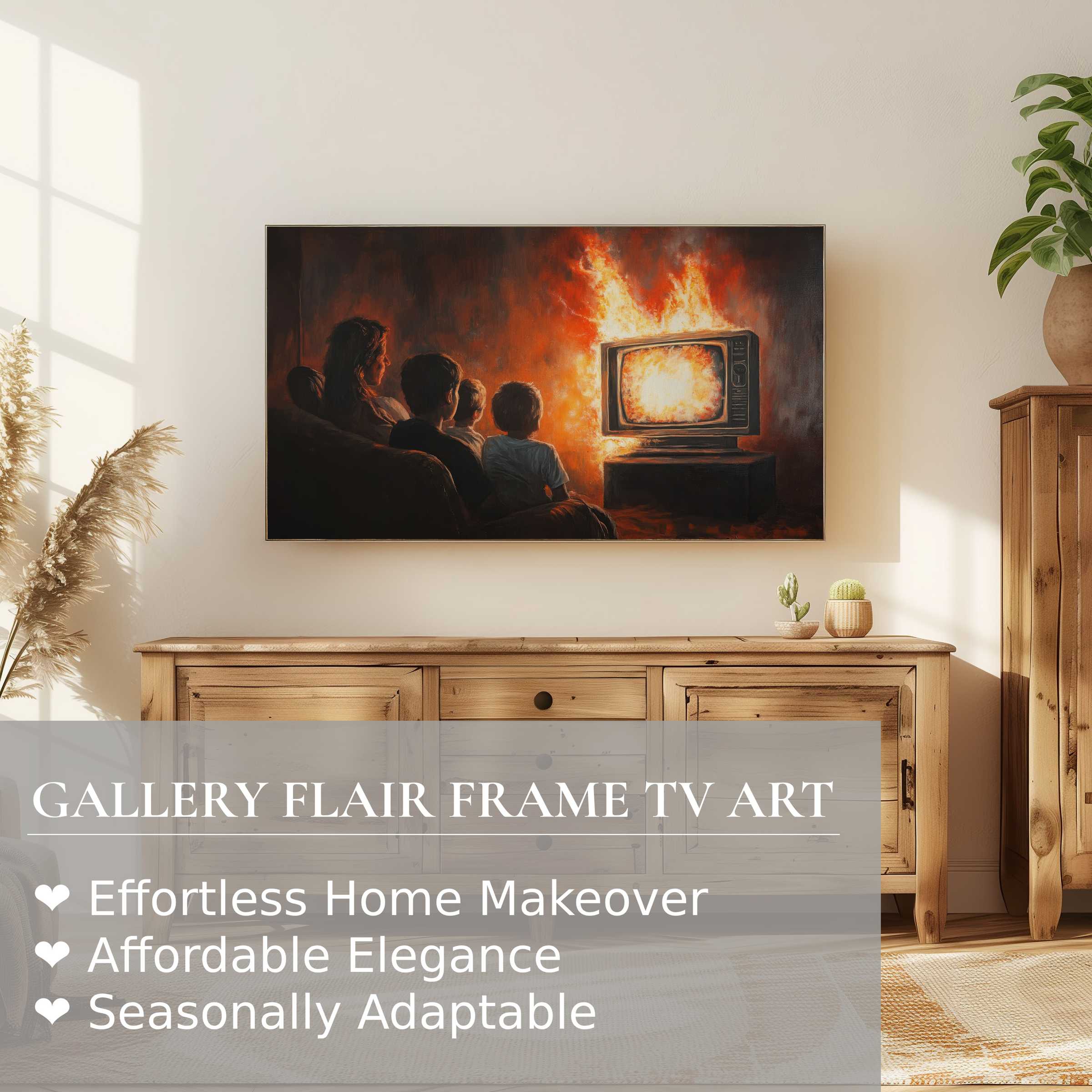 Samsung Frame TV showcasing intense street art digital artwork in a cozy modern living room setting