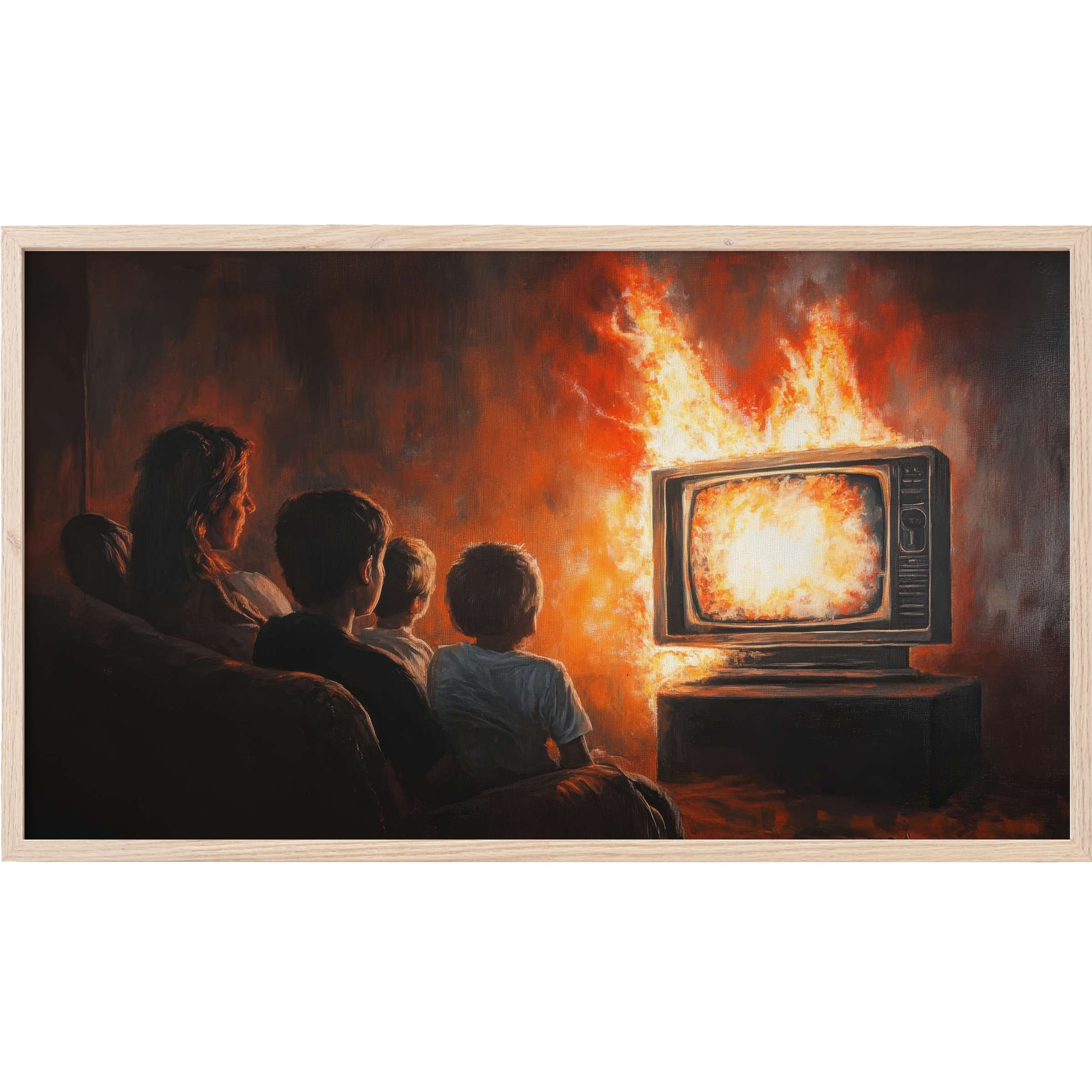 Street art Frame TV Art showing a family absorbed in flames from a vintage TV, rich in dark tones and fiery orange