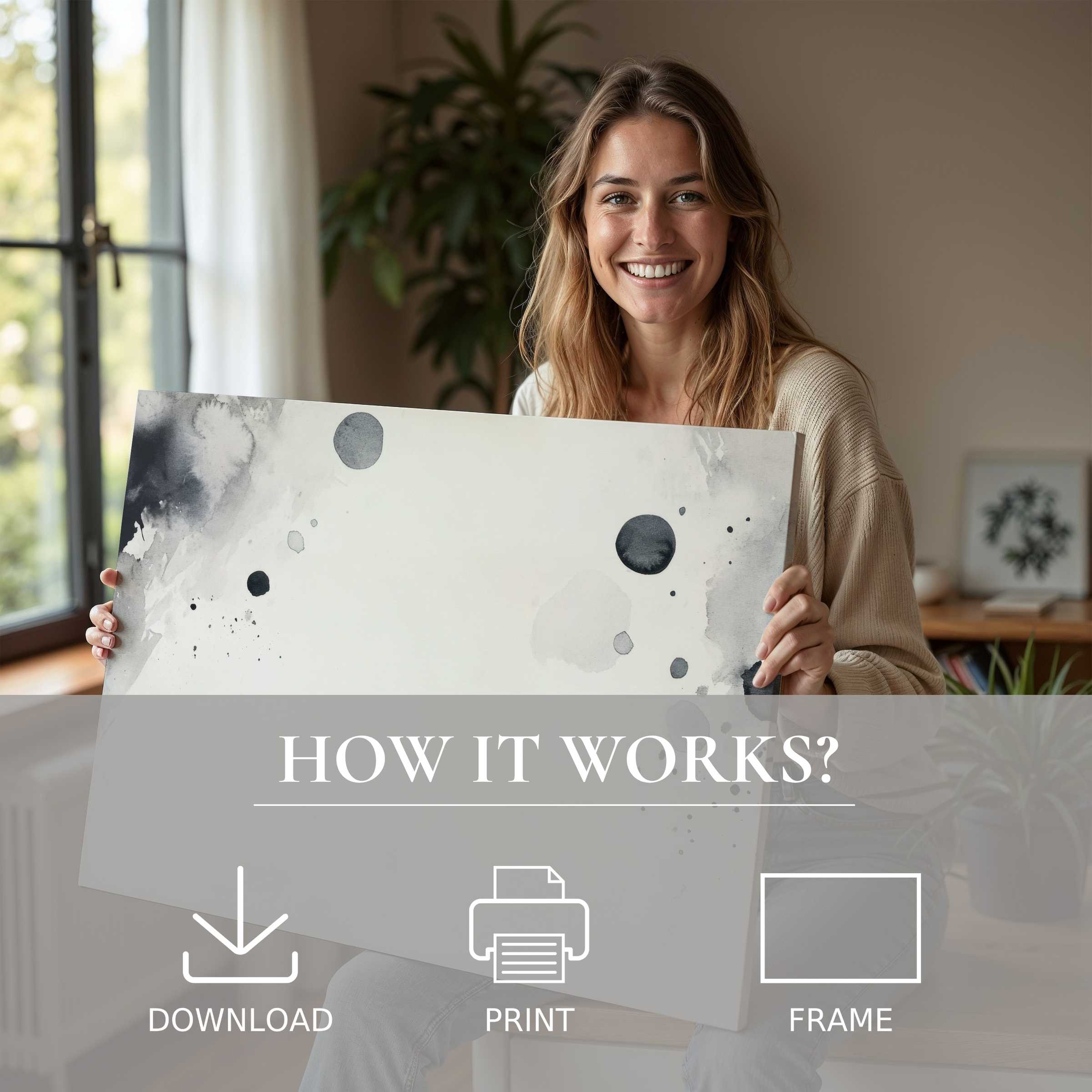 Joyful woman in a modern home embraces a refined black and white digital art print, embodying serene elegance in effortless art living