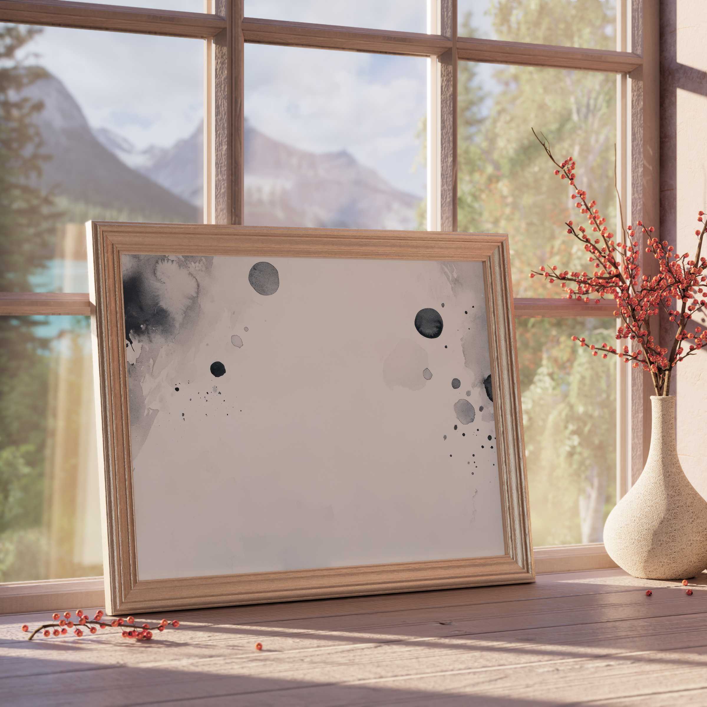 Black and white downloadable art with minimalist ink splashes, elevating tranquil, curated interiors through subtle elegance and modern sophistication