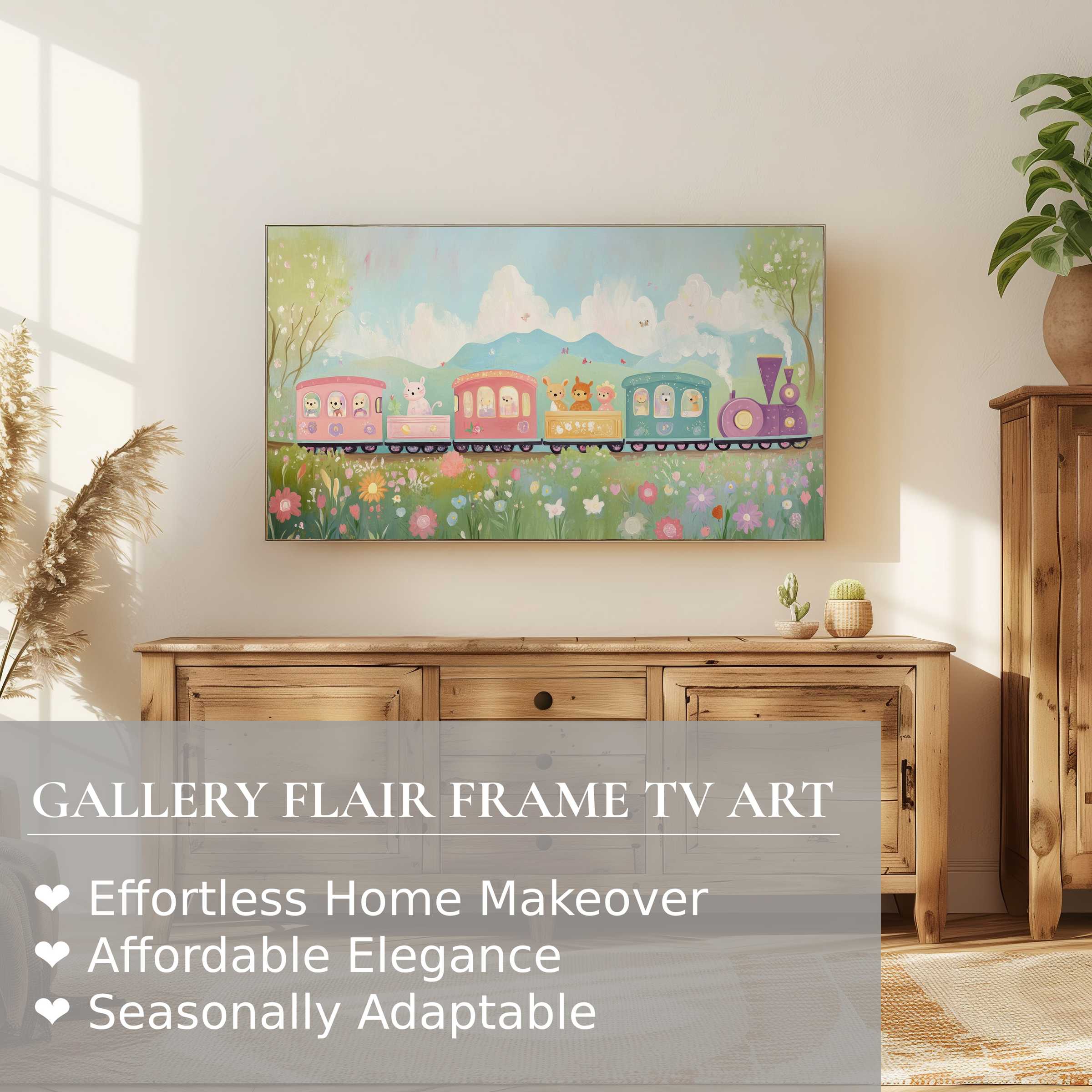 Pastel nursery digital artwork of a whimsical train on Samsung Frame TV in a cozy, elegant home setting