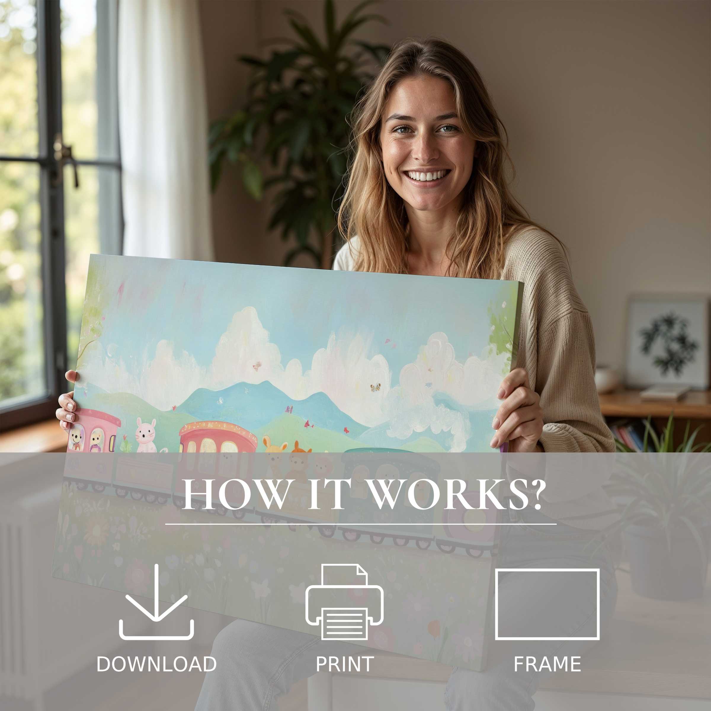 A serene moment of joy radiates as a woman shares a whimsical nursery digital art print, embodying effortless elegance in modern home decor