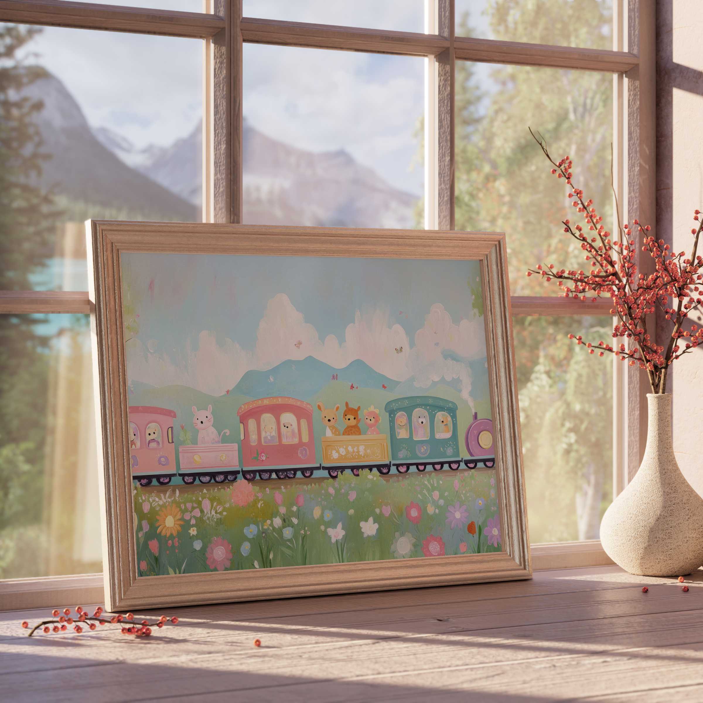 Whimsical nursery downloadable art featuring a pastel animal train, perfect for serene, stylish children’s room decor
