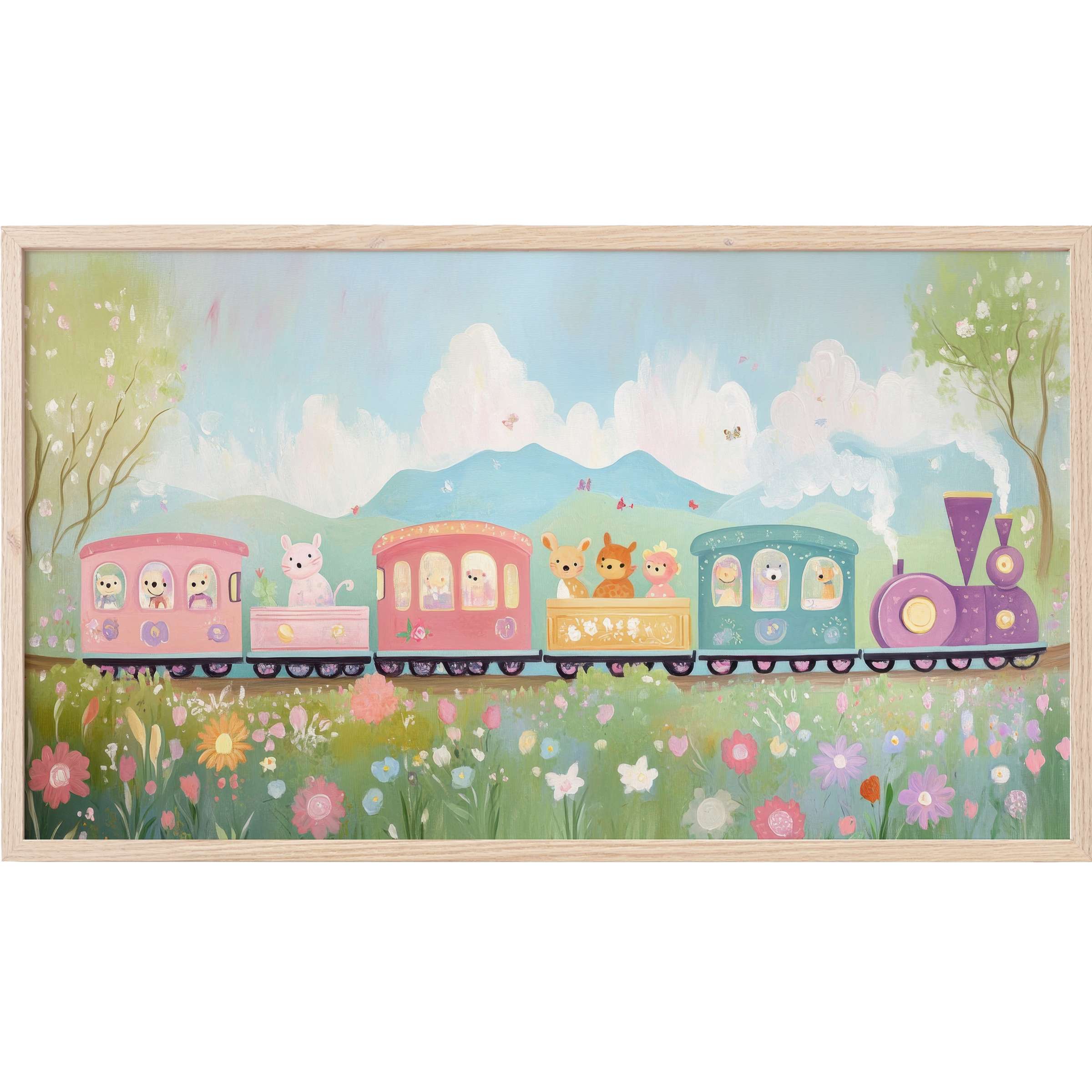 Whimsical pastel train with animals in a floral meadow, soft brushstrokes, elegant nursery Frame TV Art