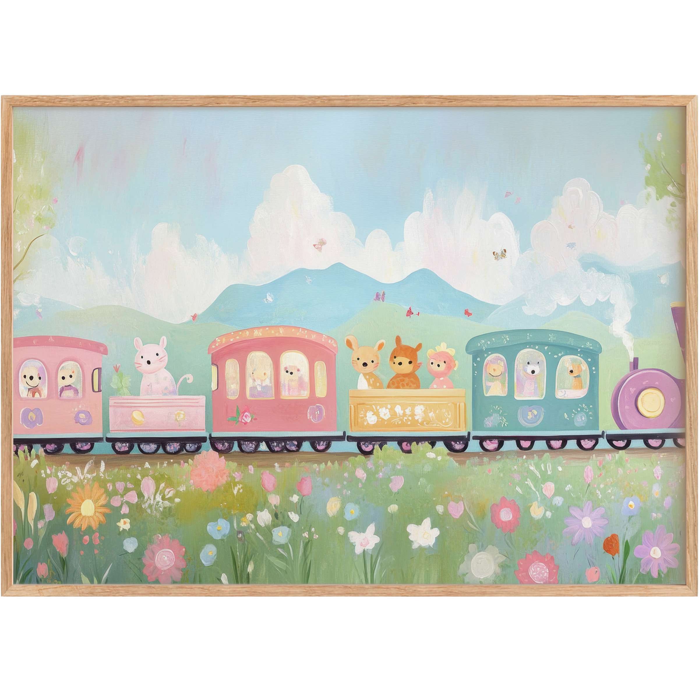 Charming nursery printable wall art featuring pastel trains and playful animals, evoking a serene, whimsical garden escape