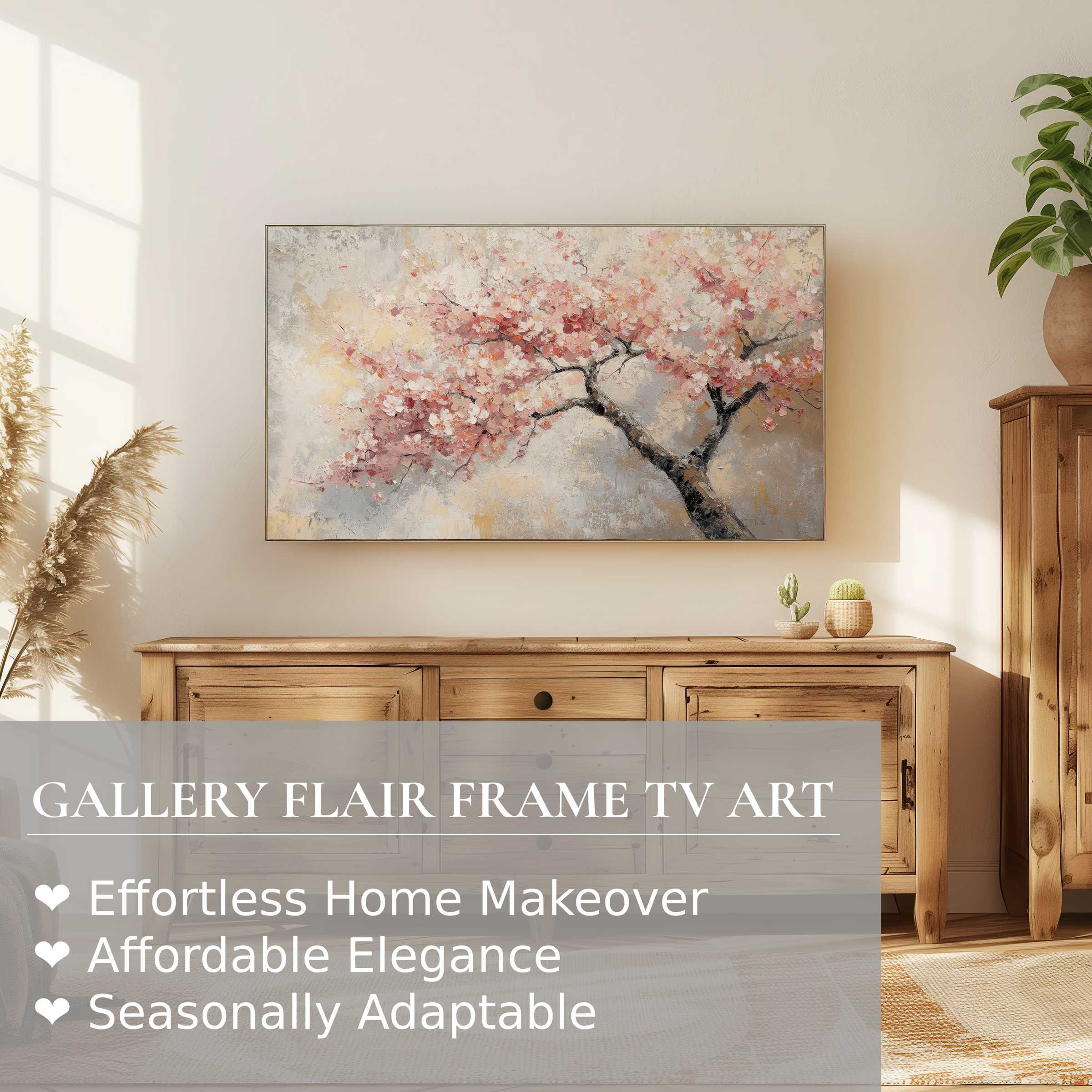 Samsung Frame TV displaying soft pastel tree digital artwork, enhancing warm, modern rustic home decor ambiance