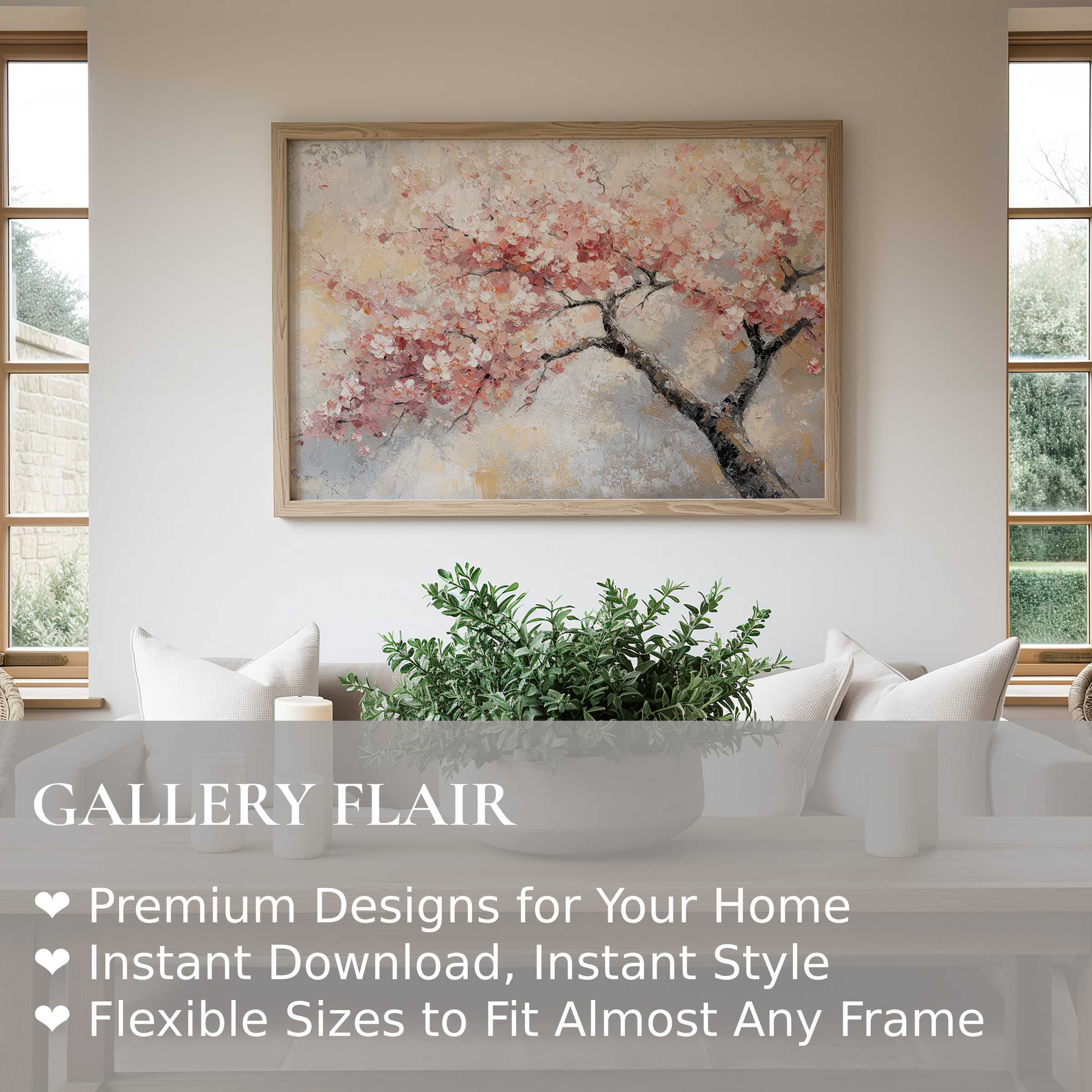 Elegant tree wall art print featuring soft pink blossoms and textured brushstrokes, enhancing serene, modern living spaces