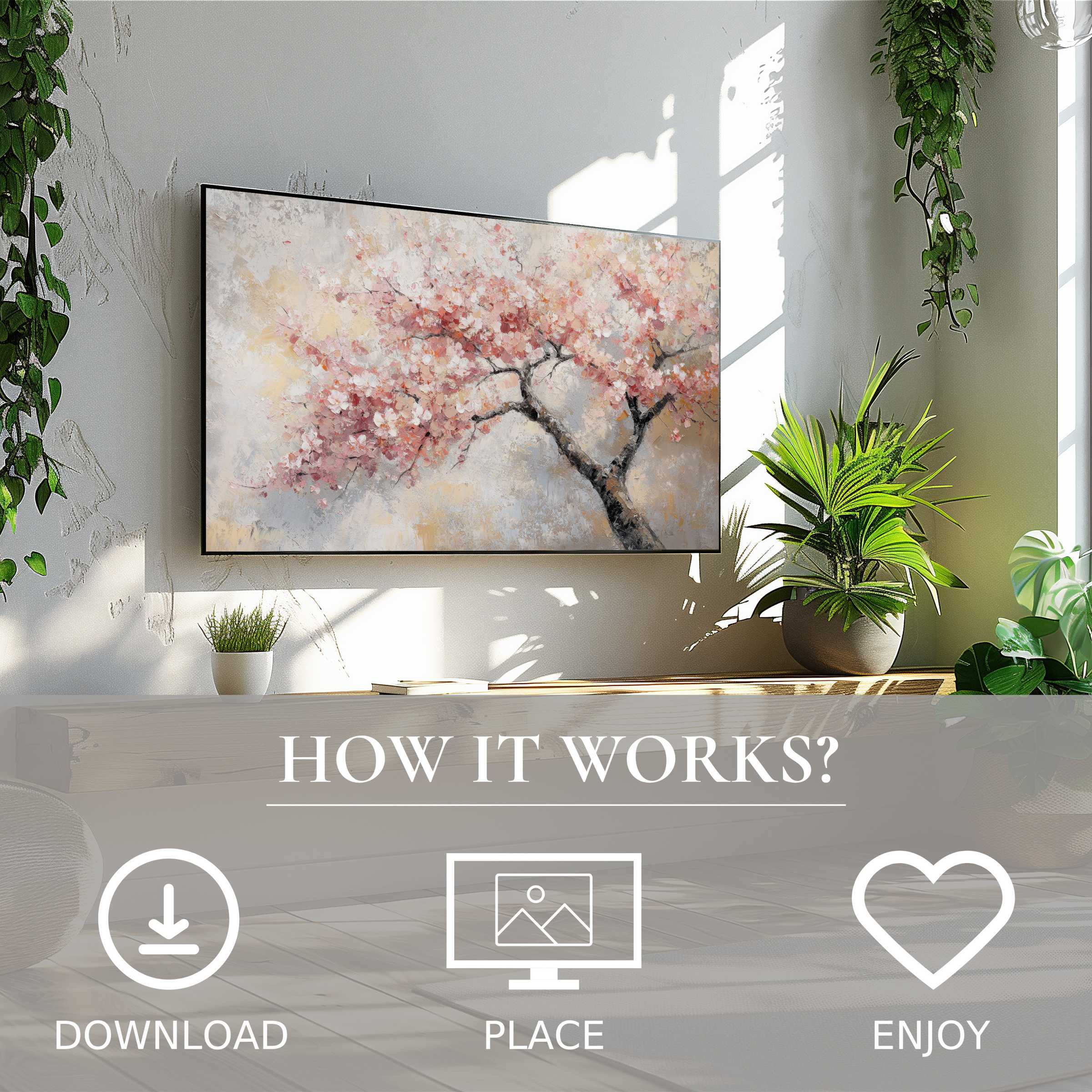 Modern living room with easy digital download; tree art for Samsung TV shows soft sunset tones enriching space
