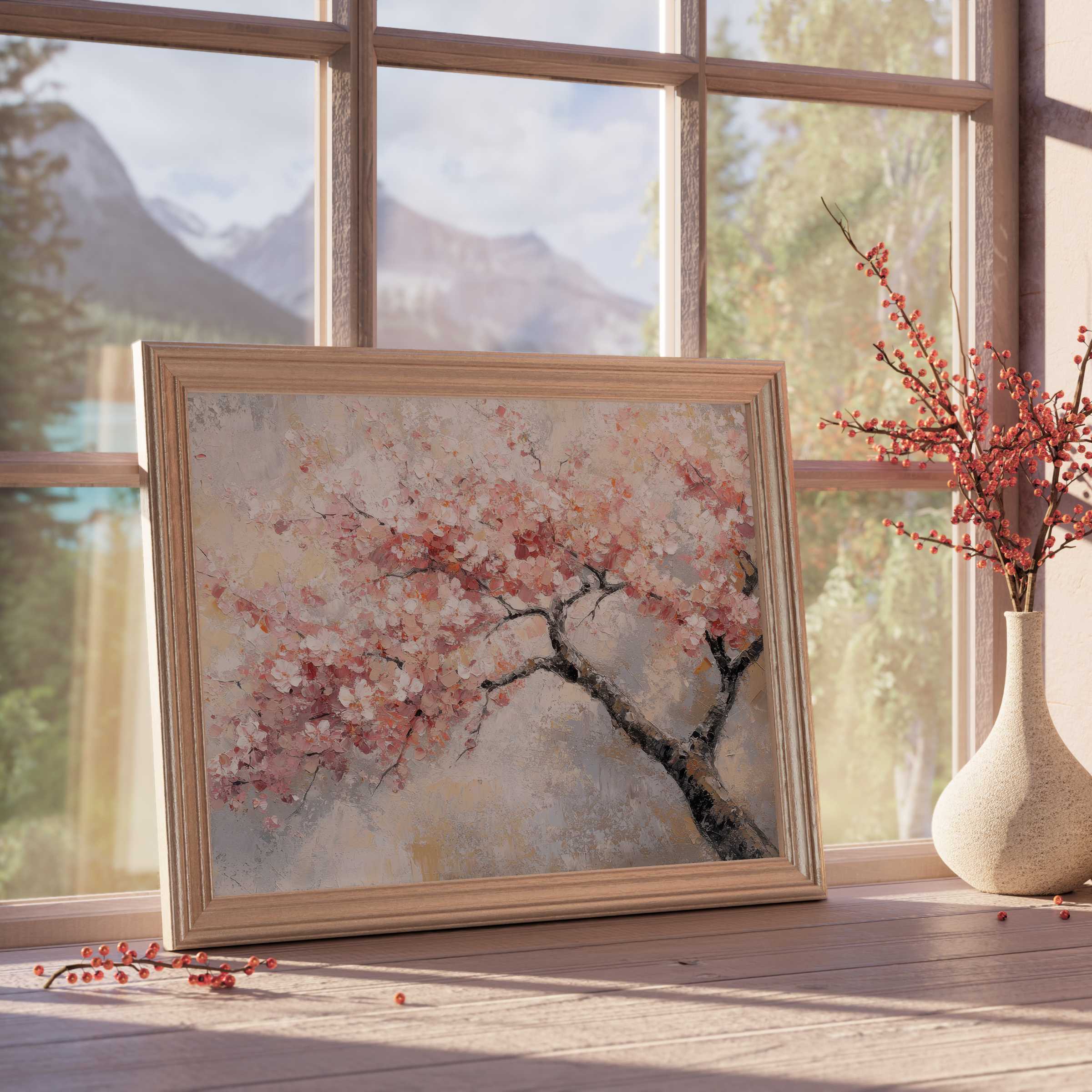 Elegant tree downloadable art with soft pink blossoms, bringing serene warmth and refined tranquility to curated modern interiors