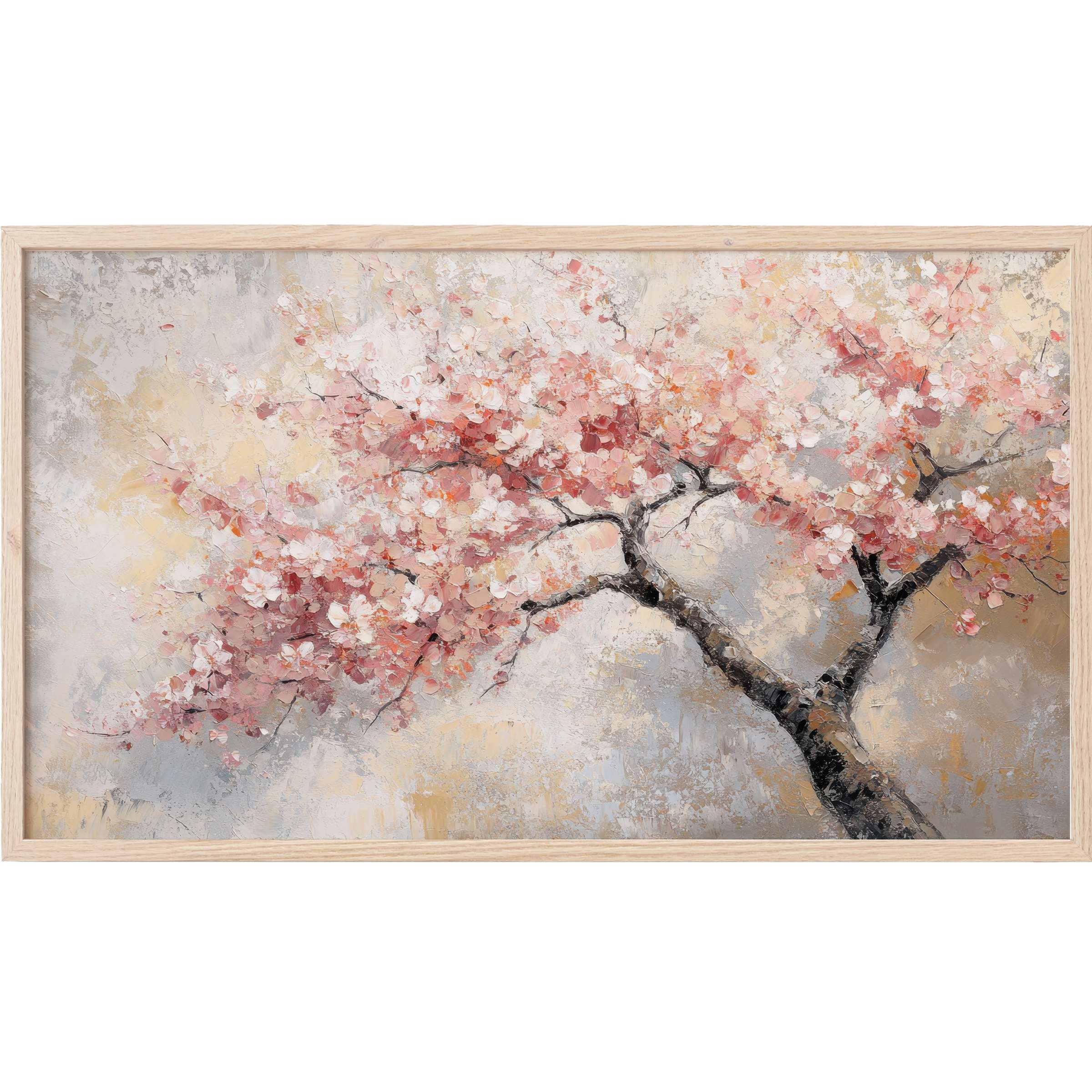 Elegant tree Frame TV Art with soft pink blossoms on textured branches, set against a muted beige and gray backdrop